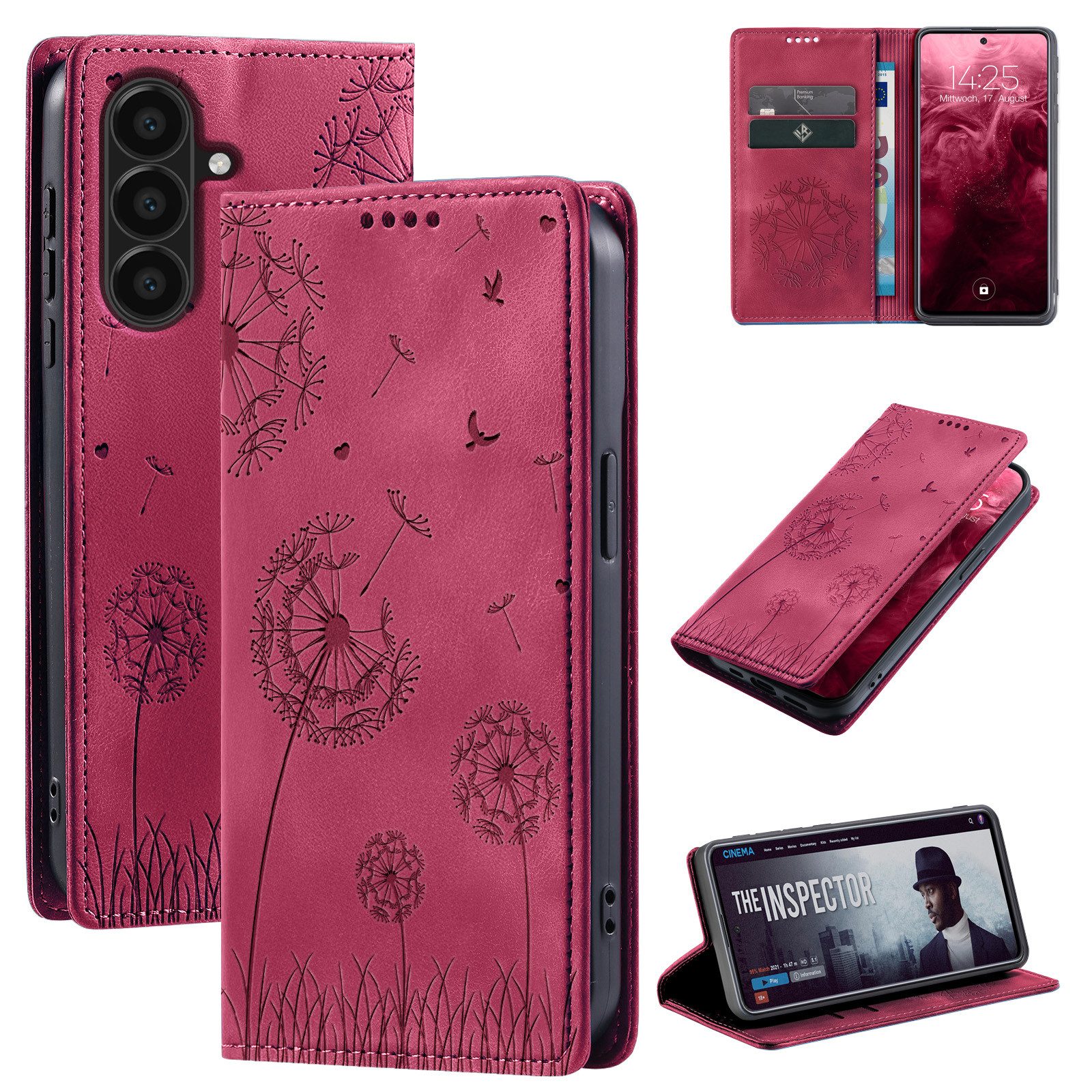 Tec-Expert Handyhülle Handy Hülle Klapphülle für Samsung Galaxy A17 / A17 5G 6.7 Zoll, 6.7", Blumen Pusteblume Case Cover mit Kartenfächern und RFID Schutz