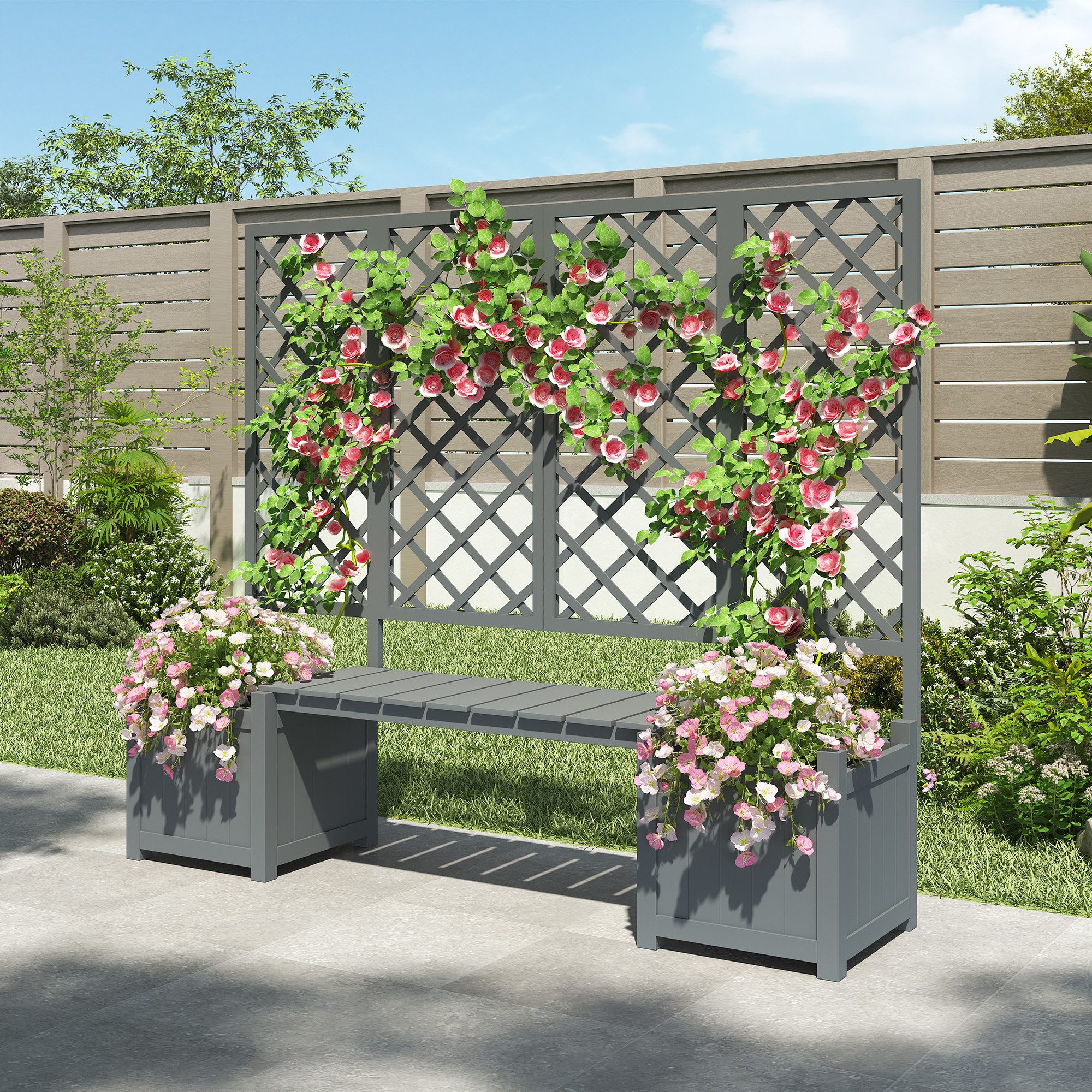 Flieks Pflanzkübel, Hochbeet Blumenkübel Pflanzkasten mit Spalier und Sitz 169x145x42cm