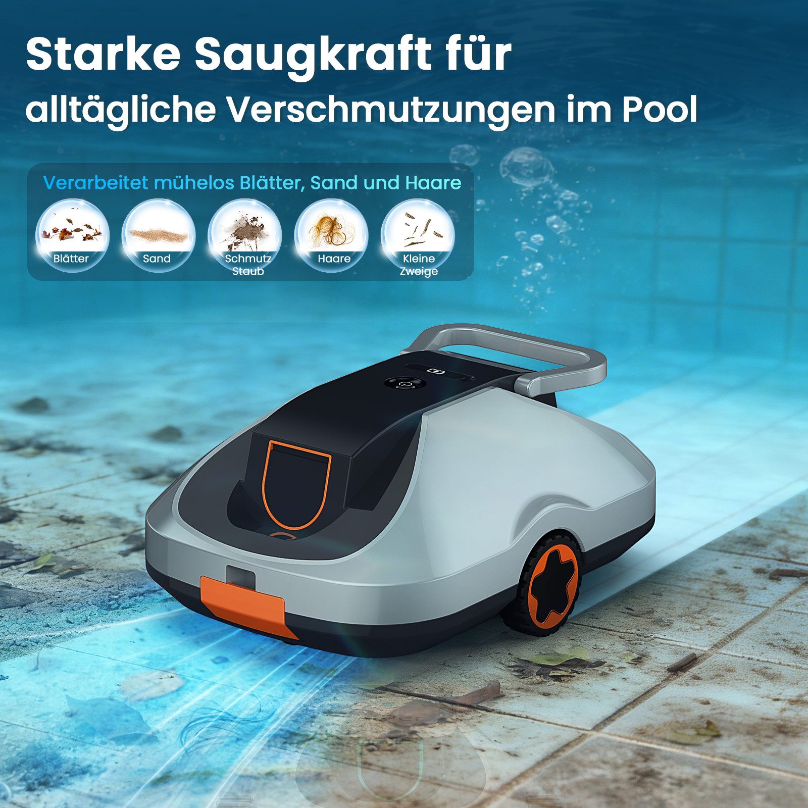 INSE Poolroboter C1/2 Akku kabelloser Pool-Saugroboter 200Min Laufzeit Orange/Grün, (Packung), Intelligente Navigation Selbsteinparkfunktion kompakt & tragbar