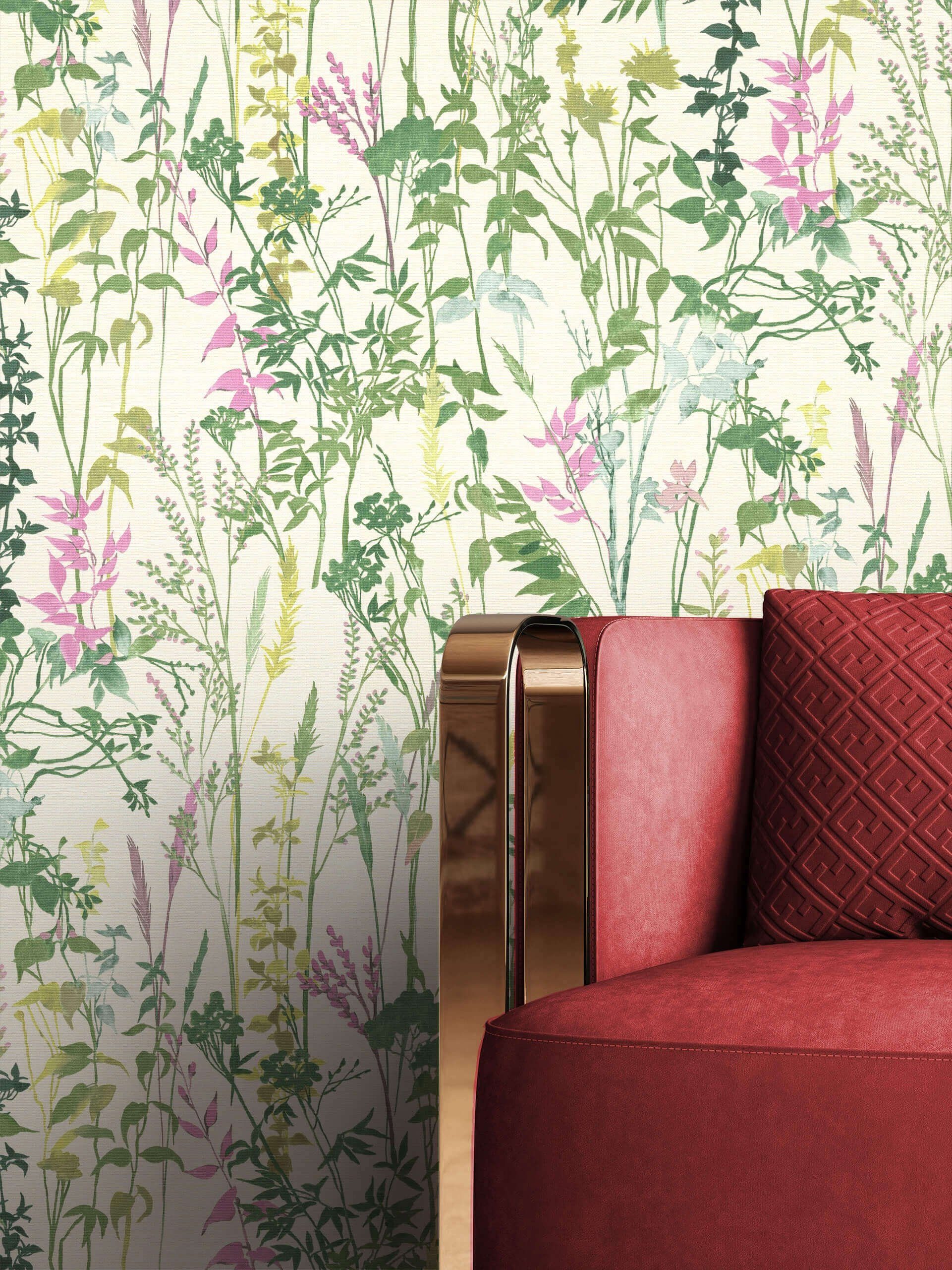 Newroom Vliestapete, Grün Tapete Floral Blumen - Blumentapete Creme Romantisch Modern Blätter Zweige für Wohnzimmer Schlafzimmer Küche, Blumentapete, modern