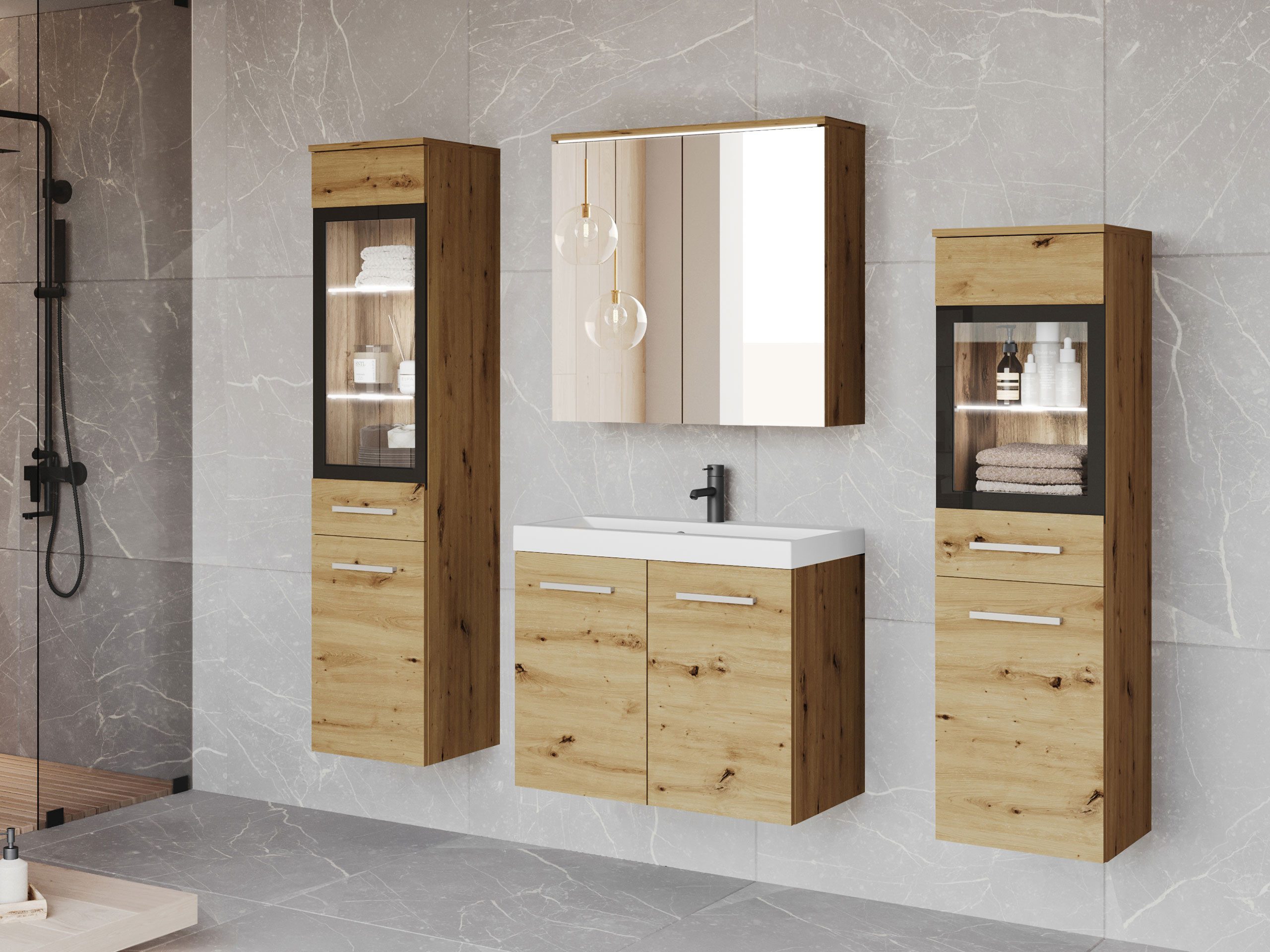 MIRJAN24 Badmöbel-Set Madrit II, (5er-Set, Waschbeckenschrank, 2x Hochschrank, Spiegelschrank, Waschbecken), mit Siphon, LED-Beleuchtung als Option