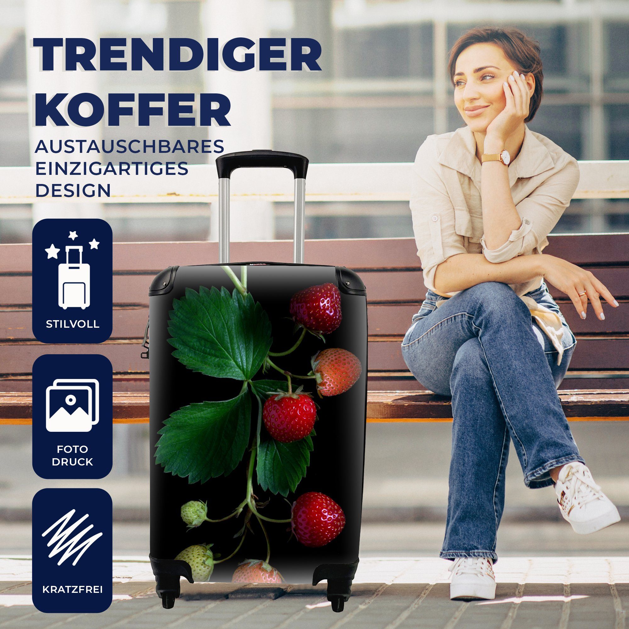 MuchoWow Handgepäckkoffer Eine Erdbeerpflanze rollen, Ferien, Reisetasche auf schwarzem Trolley, Hintergrund, mit 4 Reisekoffer für Handgepäck Rollen