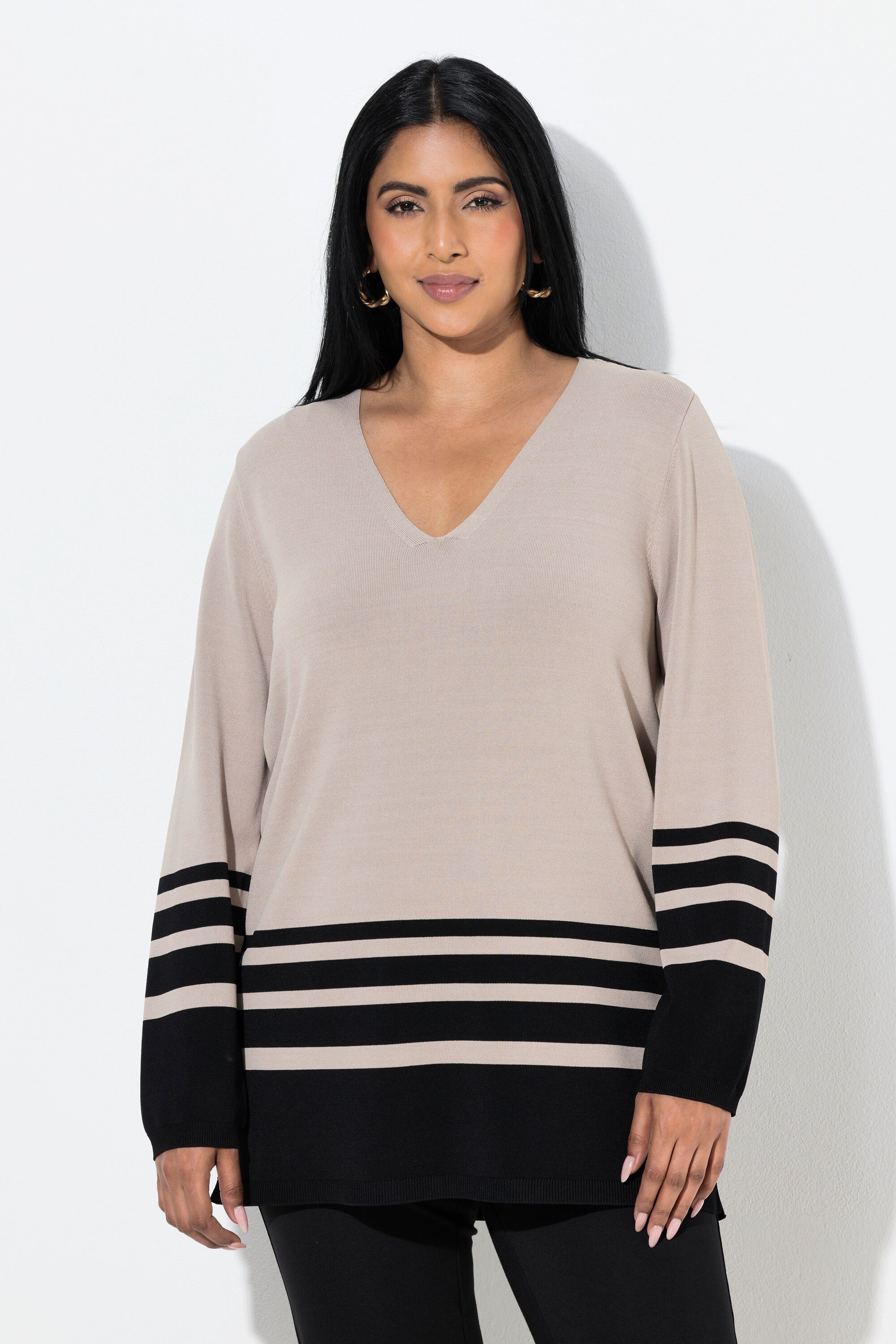 Ulla Popken Strickpullover Pullover Streifen V-Ausschnitt Langarm günstig online kaufen