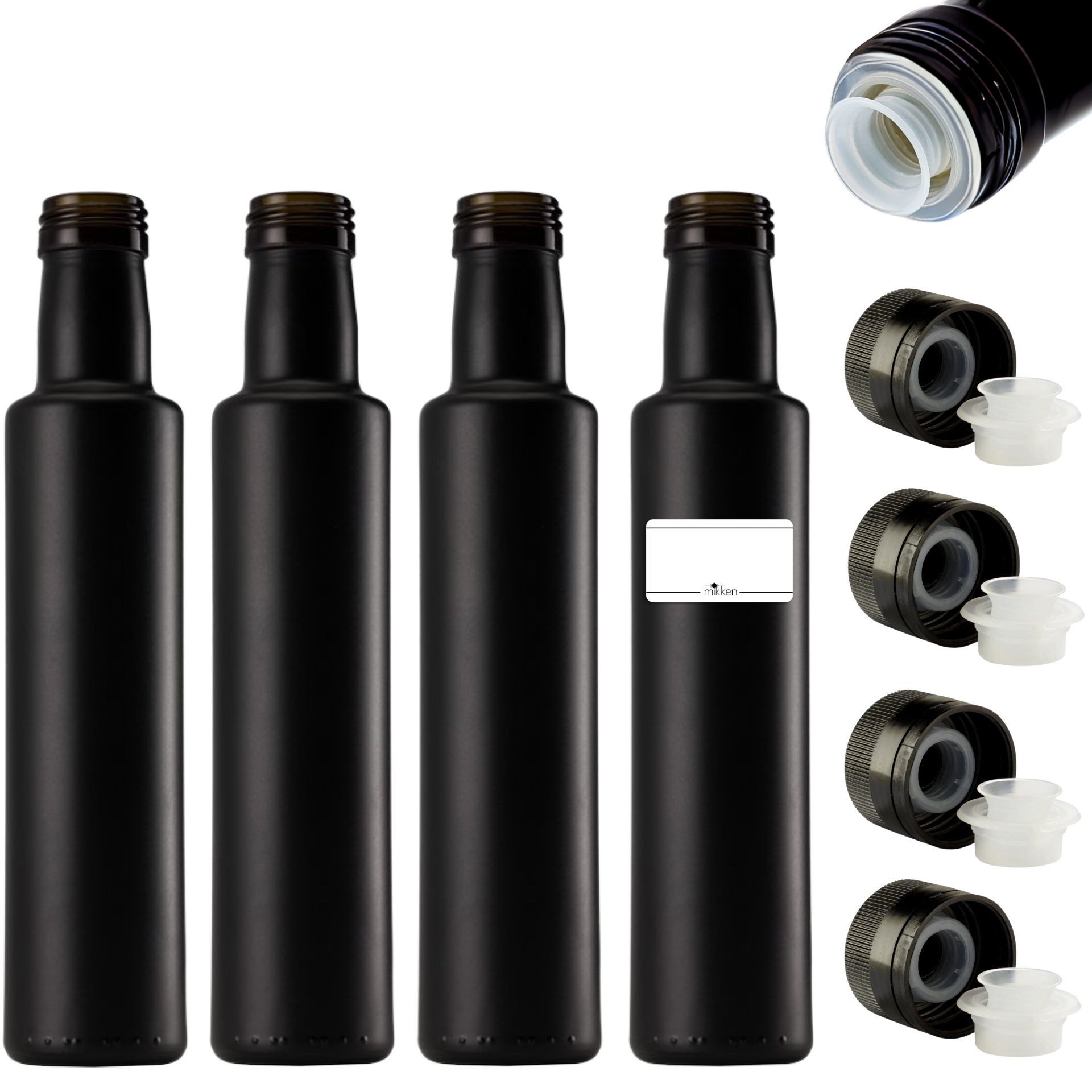 Ölspender 4er Set Ölflasche 250 ml Glasflasche schwarz mit Ausgießer Dosierer