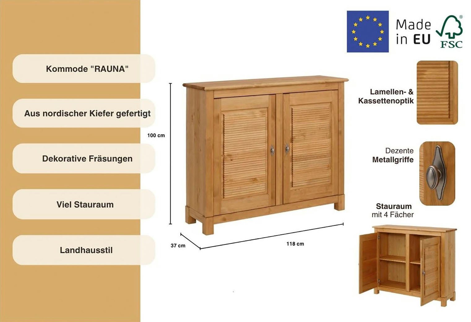 OTTO home Kommode Rauna, Breite 118 cm, aus massiver Kiefer, FSC®-zertifiziert