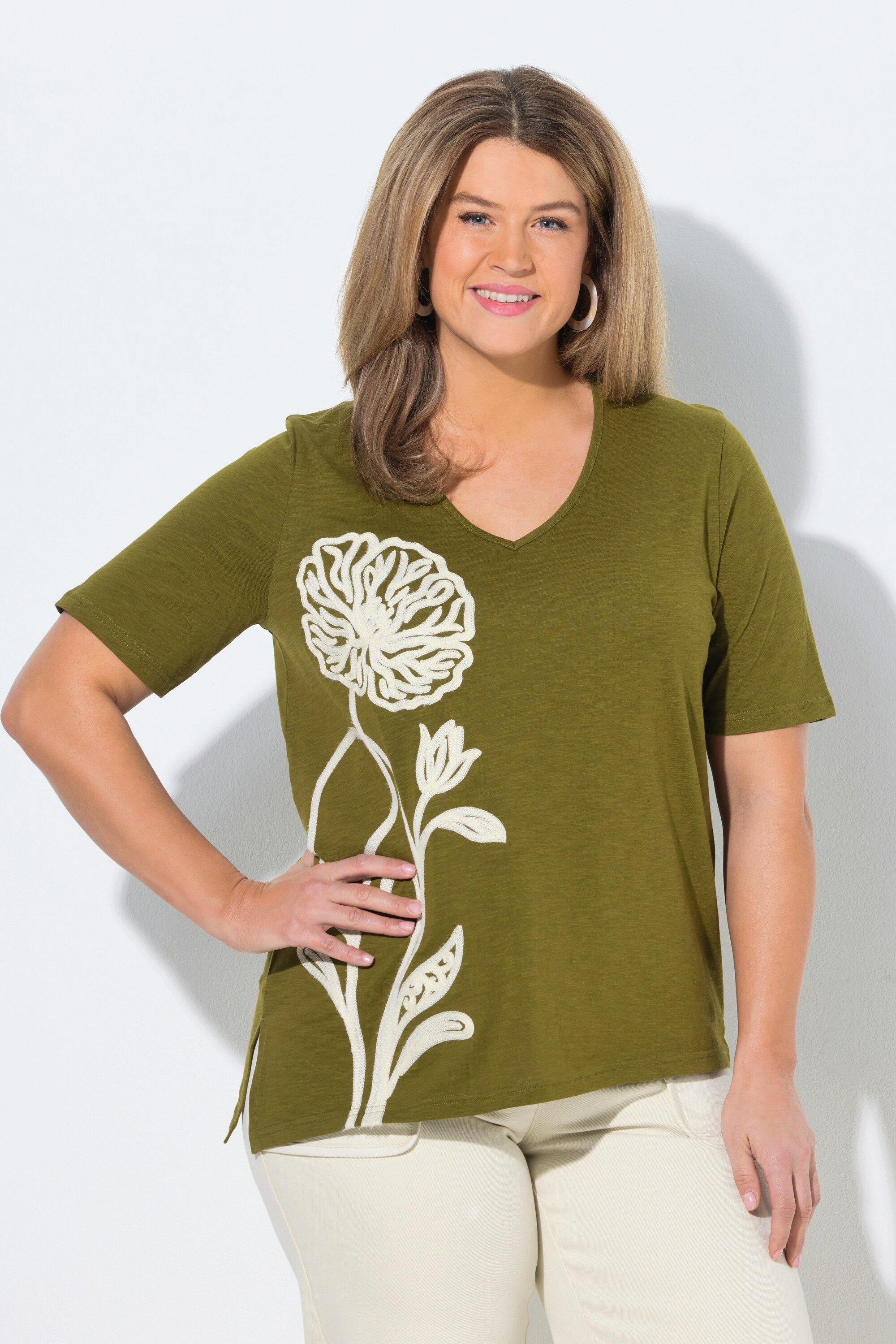 Ulla Popken Longshirt Longshirt Stickerei Rundhals Halbarm Biobaumwolle