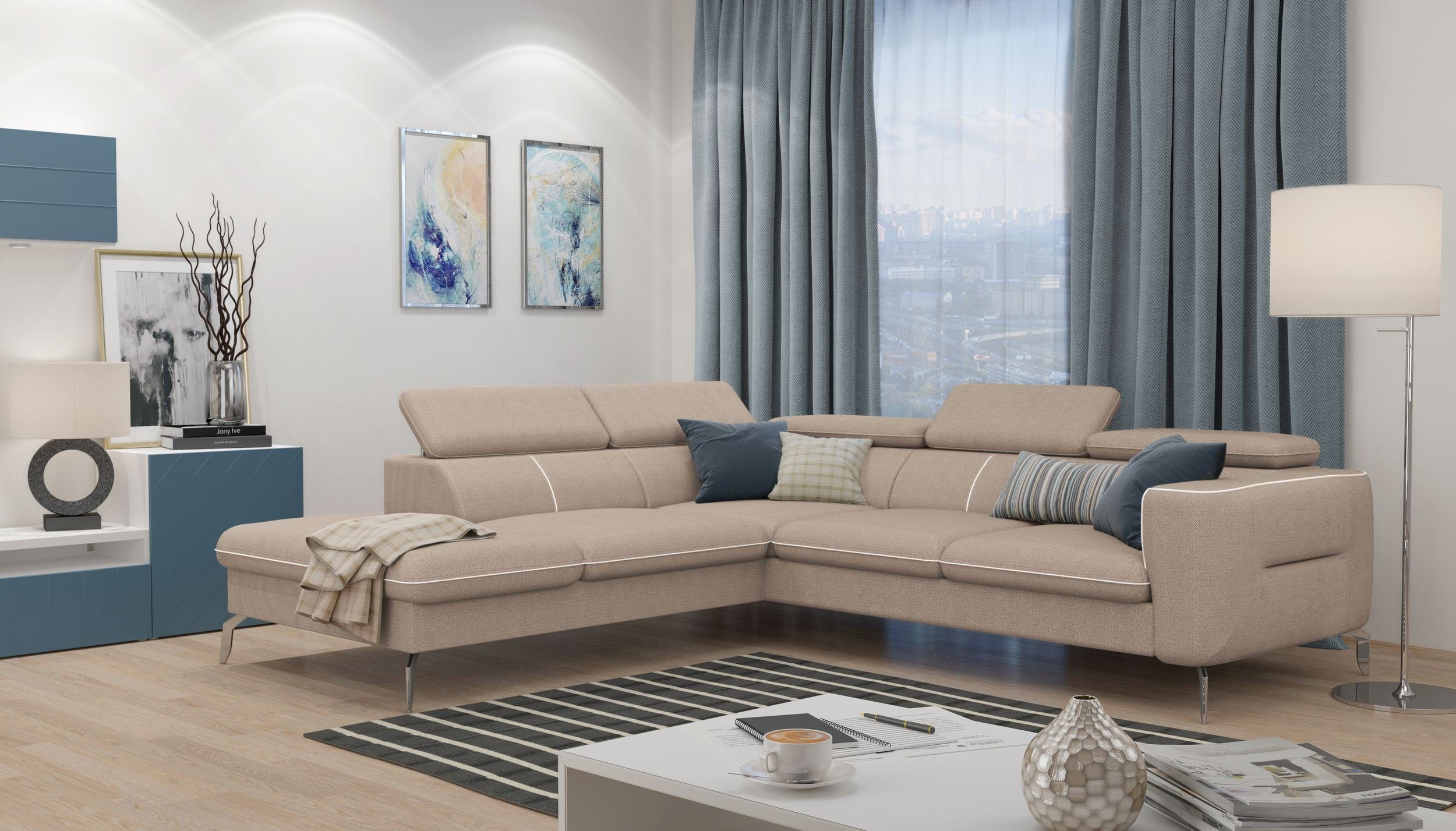 Stylefy rechts Modern links Kopfteilverstellung Ecksofa stellbar, Design, L-Form, inklusive Diogo, bestellbar, oder Eckcouch, frei mane Raum Sitzkomfort, im