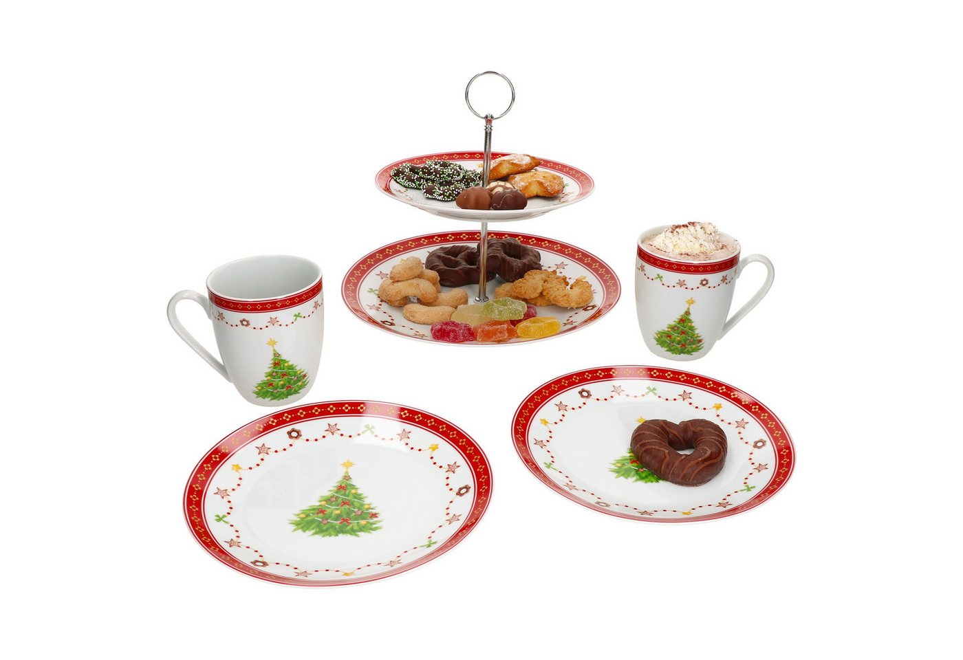 MamboCat Etagere 5tlg Weihnachtstraum Frühstücks-Set Etagere Kaffeebecher, Porzellan