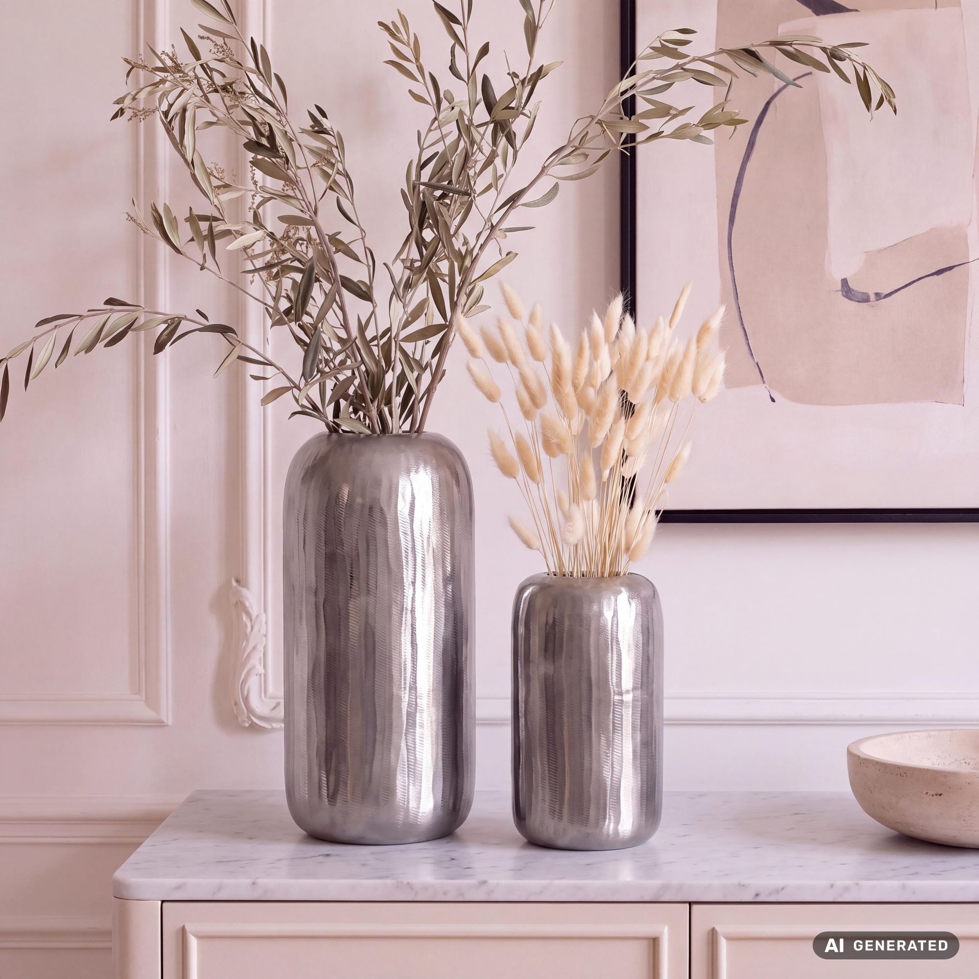 FINEBUY Tischvase FB65087 Vase 2er Set Blumenvase Aluminium Zylinder Rund Dekovase (2er Set Aluminium Blumenvase silber), Dekovase Rund 2-teilig für Blumen Alu Tischvase