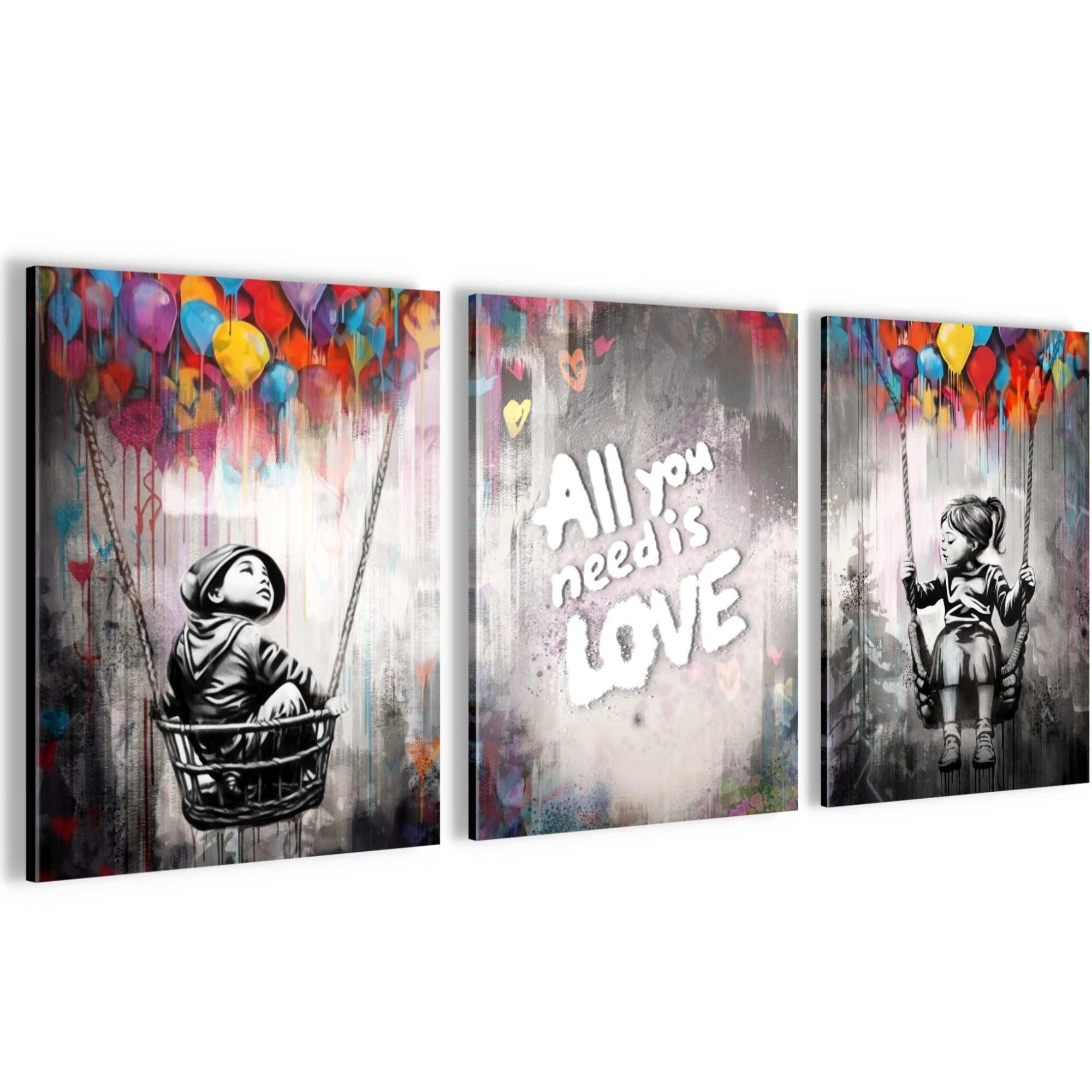 Novart Wandbild Set Banksy Style Collage 3 Bilder Wohnzimmer Streetart, Collage