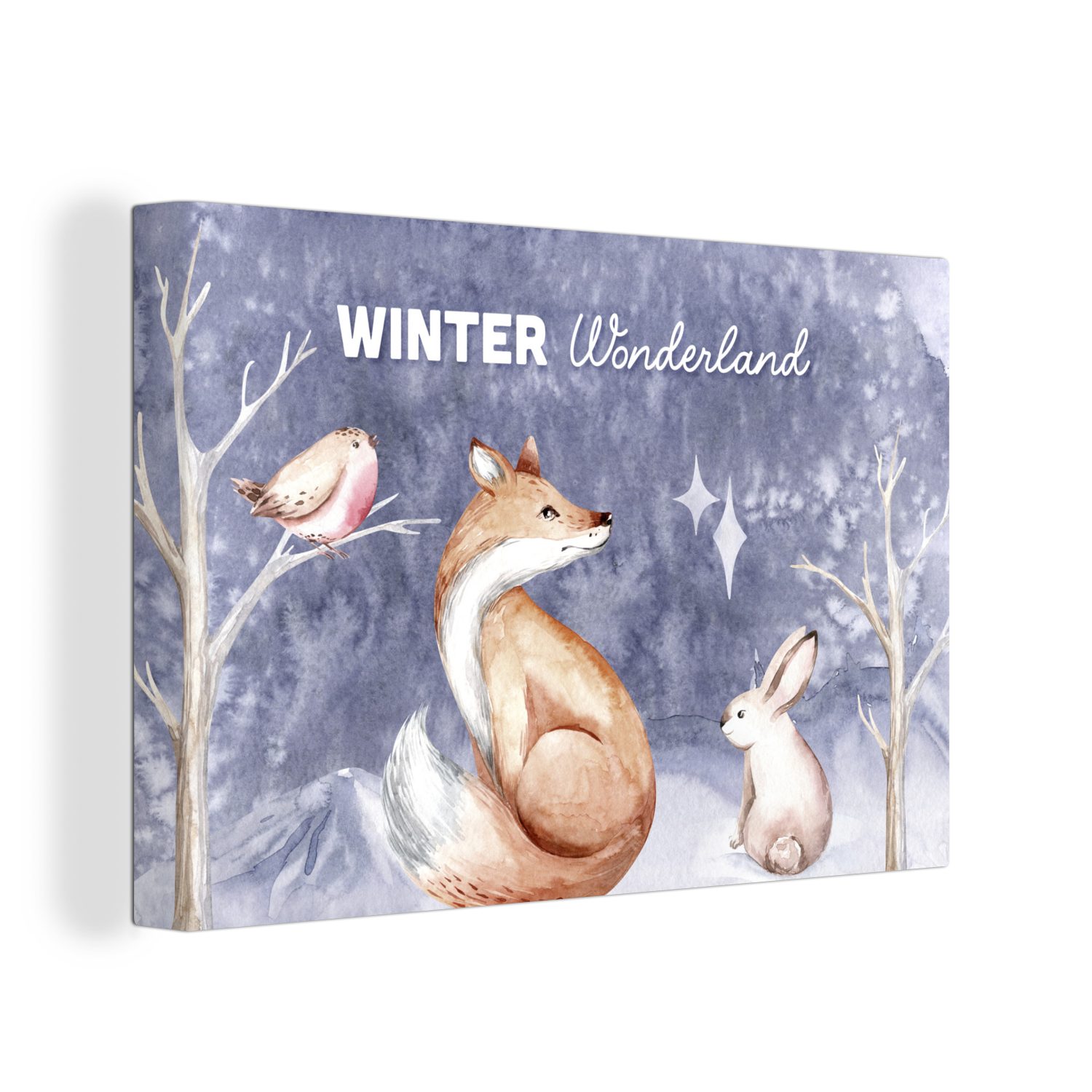 OneMillionCanvasses® Leinwandbild Winter - Fuchs - Vogel - Kaninchen, (1 St), Wandbild Leinwandbilder, Aufhängefertig, Wanddeko, 30x20 cm