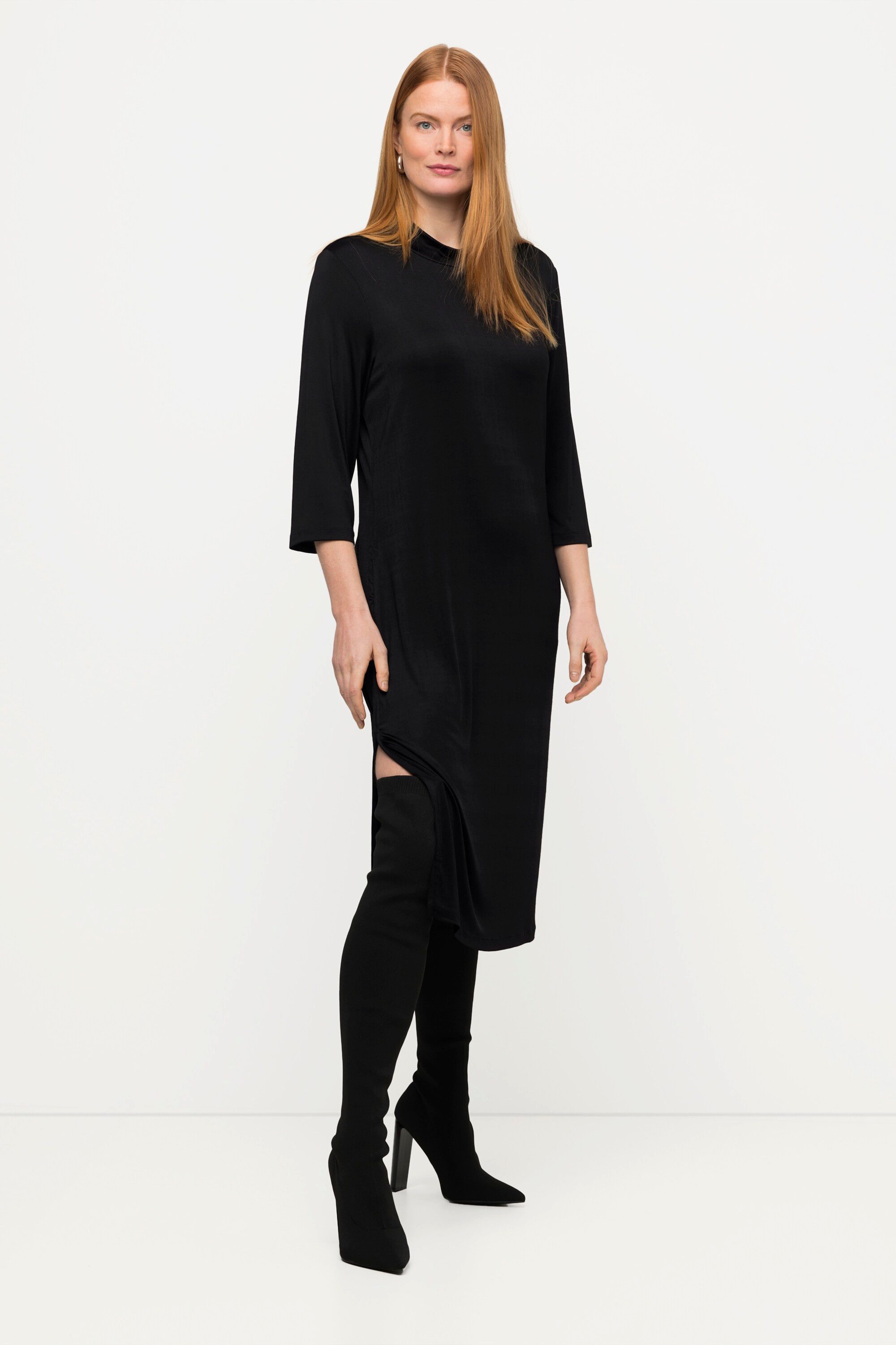 Ulla Popken Jerseykleid Midi-Slinkykleid A-Linie Stehkragen 3/4-Arm