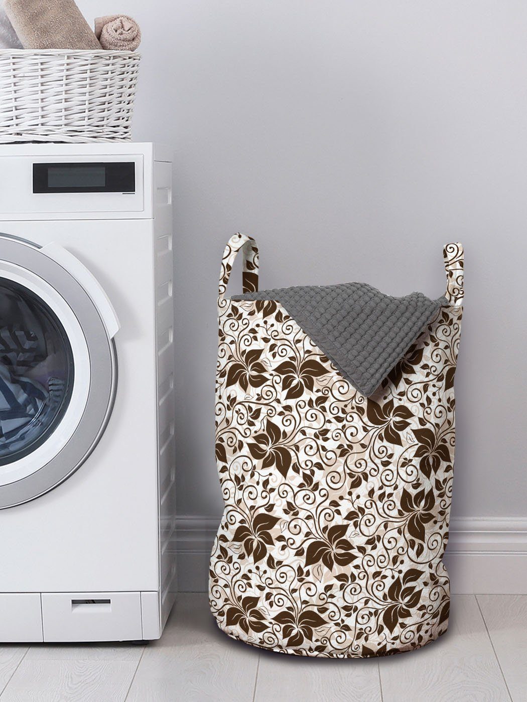 Abakuhaus Wäschesäckchen Wäschekorb mit Waschsalons, für Kordelzugverschluss Erdfarben Griffen Brown-Blumen-Blätter