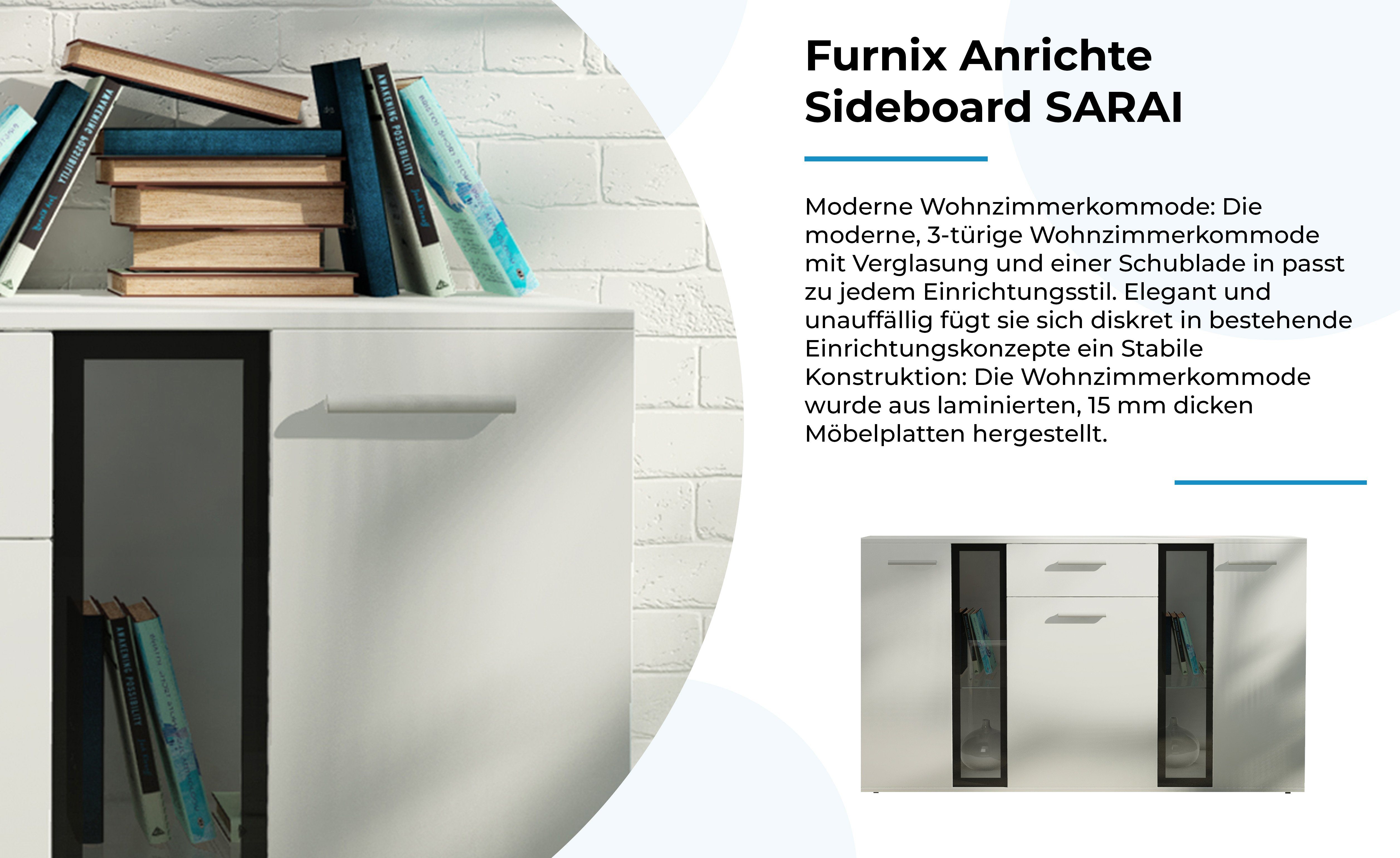 Furnix Anrichte Sideboard SARAI mit x Türen, T40,2 Schublade, x cm 1 H80 B140,4 Weiß Glastüren, 3