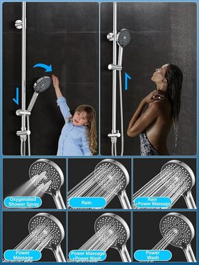 YEAUPE PRO Duschsystem ohne Thermostat und Armatur mit Kopfbrausen(250mm), Duschkopf, 6 Strahlart(en), mit 6 Strahlarten und Duschstange(längenverstellbar)Halterung und1,60m