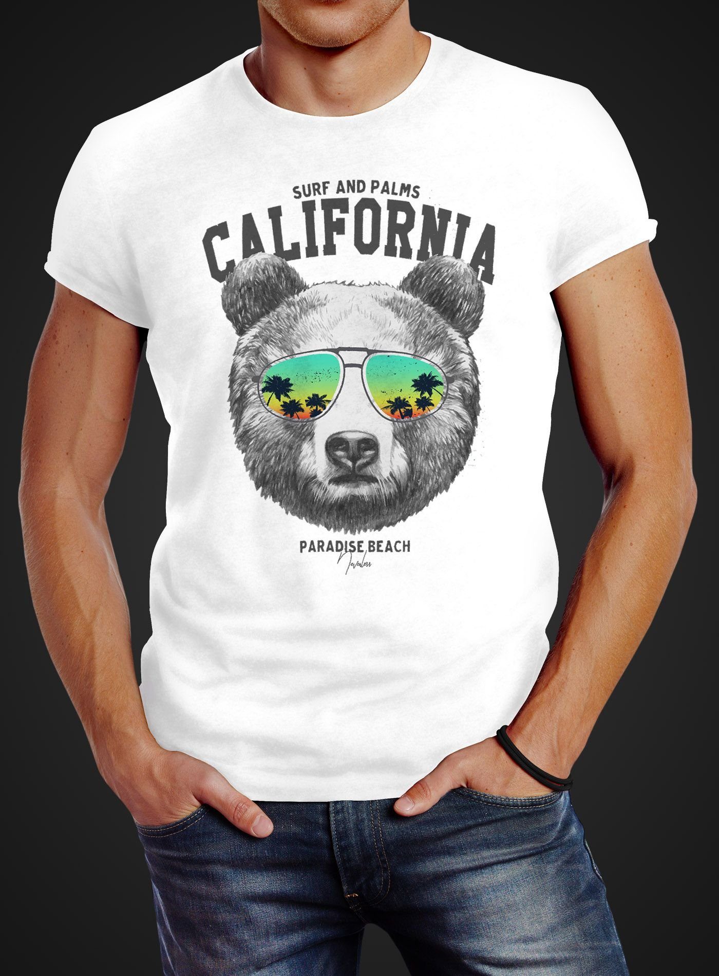 Sonnenbrille Print-Shirt Neverless® Fit mit Bär Summer Slim weiß Herren Palmen T-Shirt Löwe Bear Print California Neverless