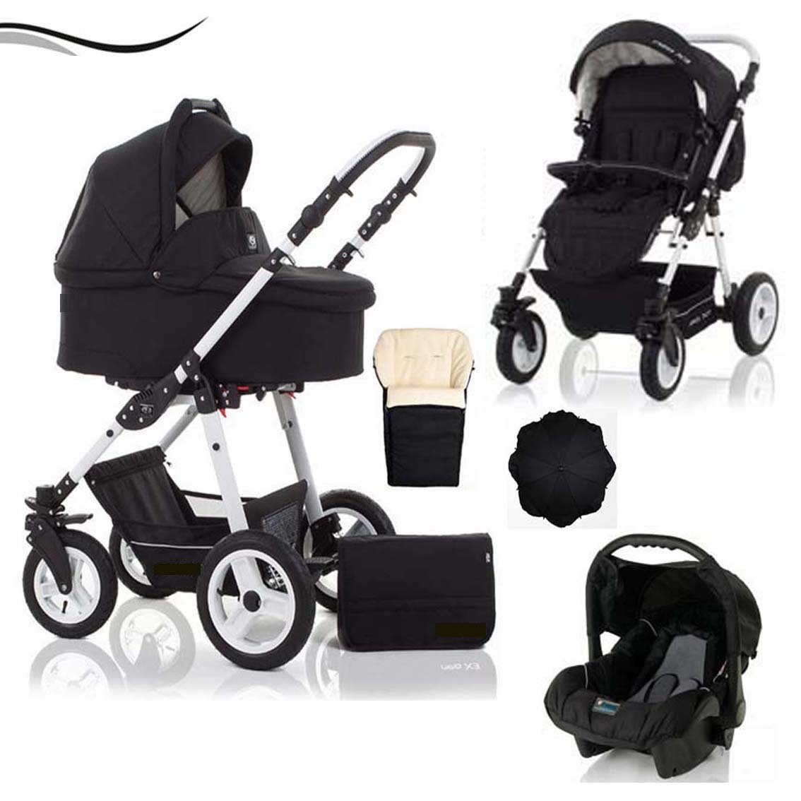 babies-on-wheels Kombi-Kinderwagen City Star 5 in 1 inkl. Autositz, Sonnenschirm und Fußsack - 18 Teile - von Geburt bis 4 Jahre in 16 Farben Schwarz