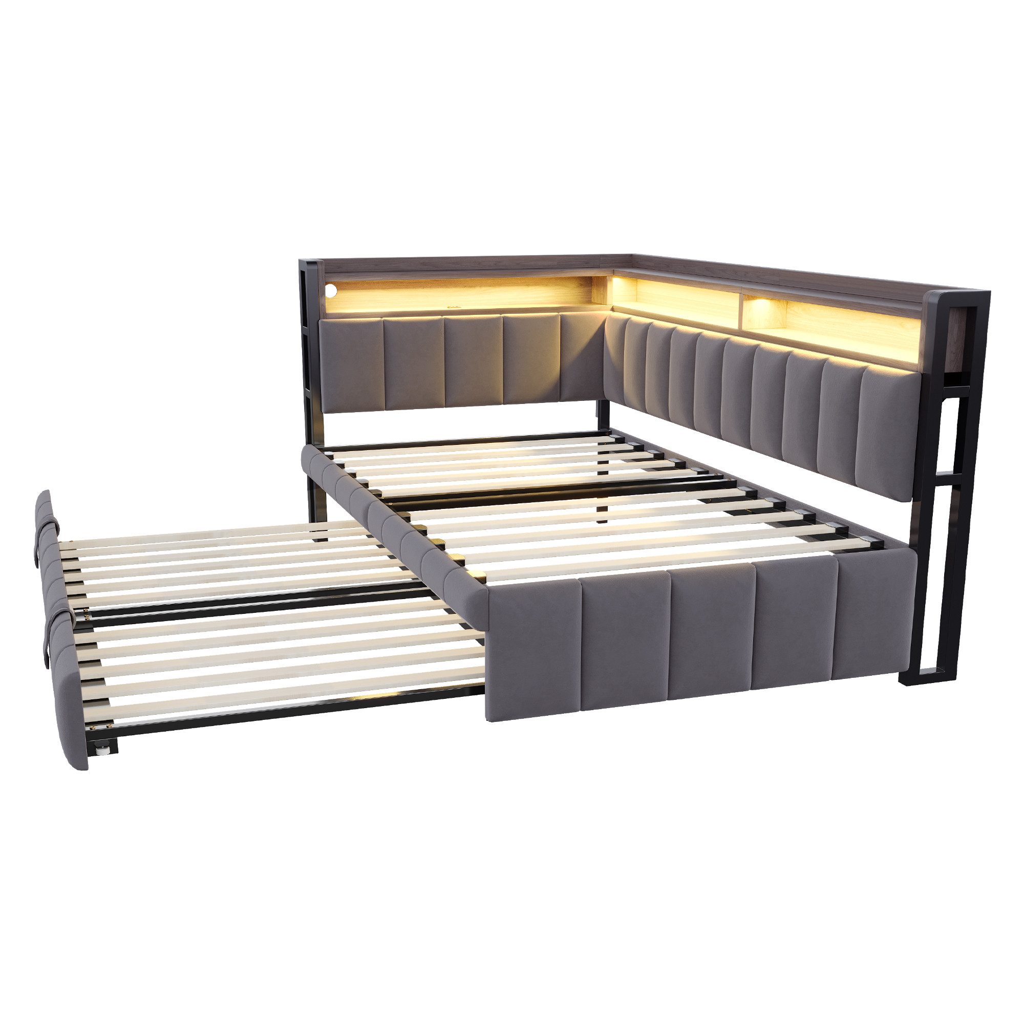 OKWISH Schlafsofa Polsterbett Funktionsbett, Ausziehbett mit LED-Beleuchtung, Ablagefächern & USB- und Typ-C-Anschlüssen 90 x 200 & 90x190 cm, ohne Matratze