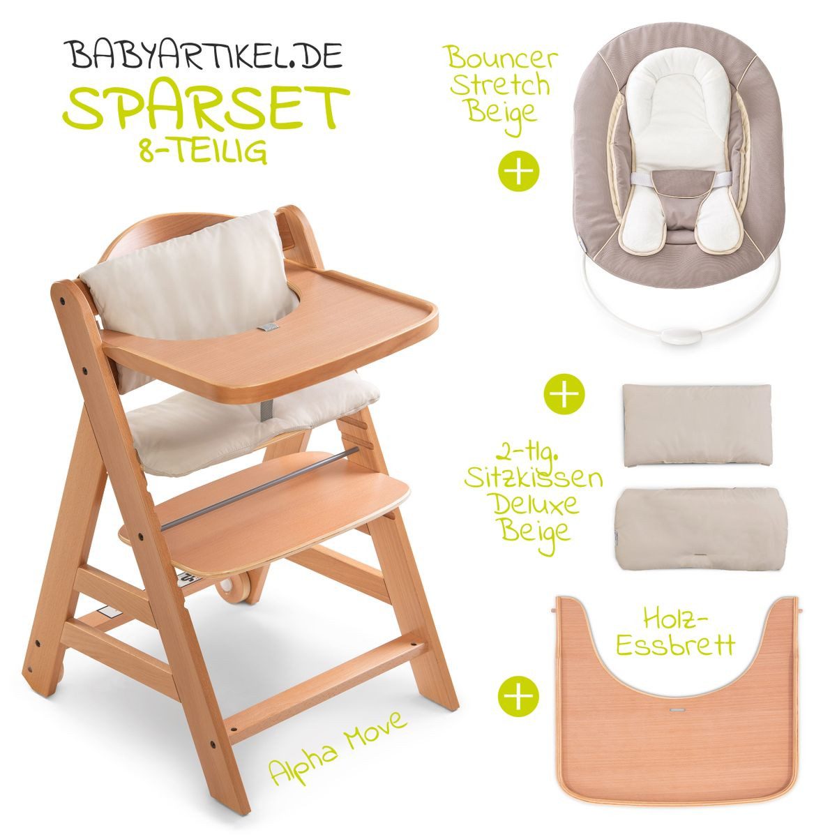 Hauck Hochstuhl Move Natur Newborn Set (5 St), Holz Babystuhl ab Geburt mit Neugeborenenaufsatz, Sitzkissen, Essbrett – Bild 2 von 5