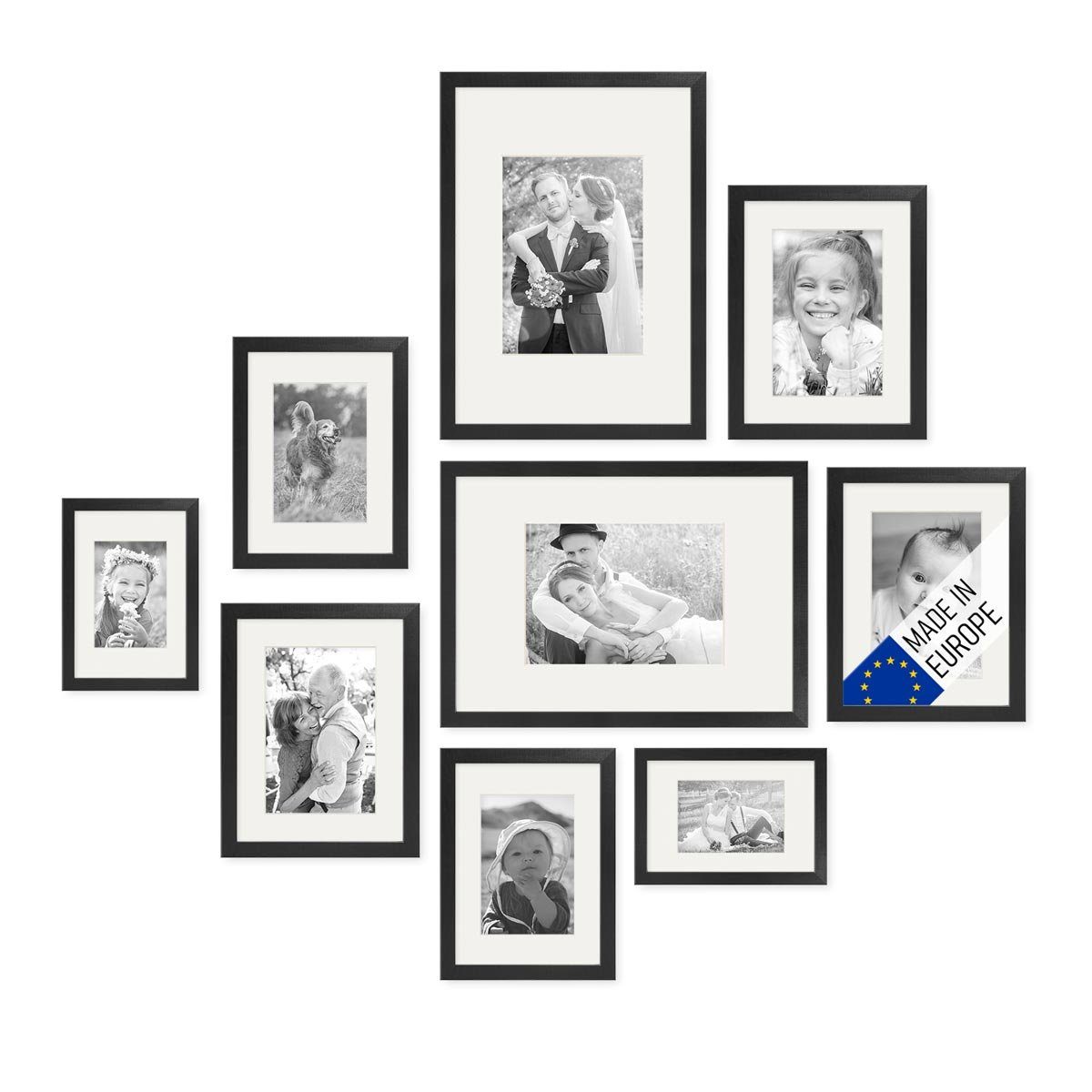 Bilderrahmen 9er Set Echtholz 10x15 bis 21x30 cm mit Passepartout, Acrylglas