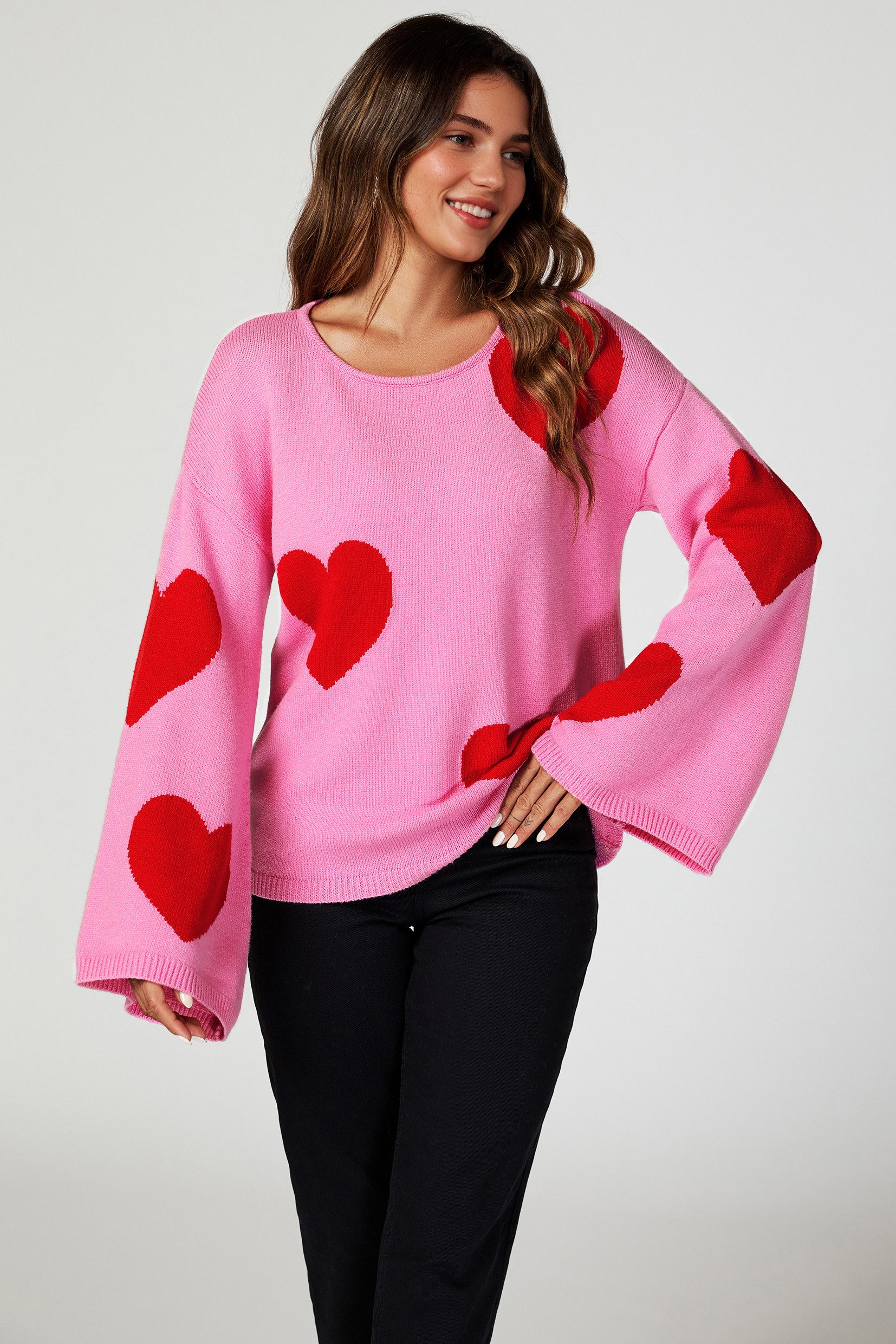 FS Collection Strickpullover Oversize Pullover mit weiten Ärmeln und Herzmuster – Strickwaren (Einheitsgröße: UK 8–12 / EU 36–40, 3 Farben : Rosa - Hellgrau - Dunkelgrau) 100 % Acryl