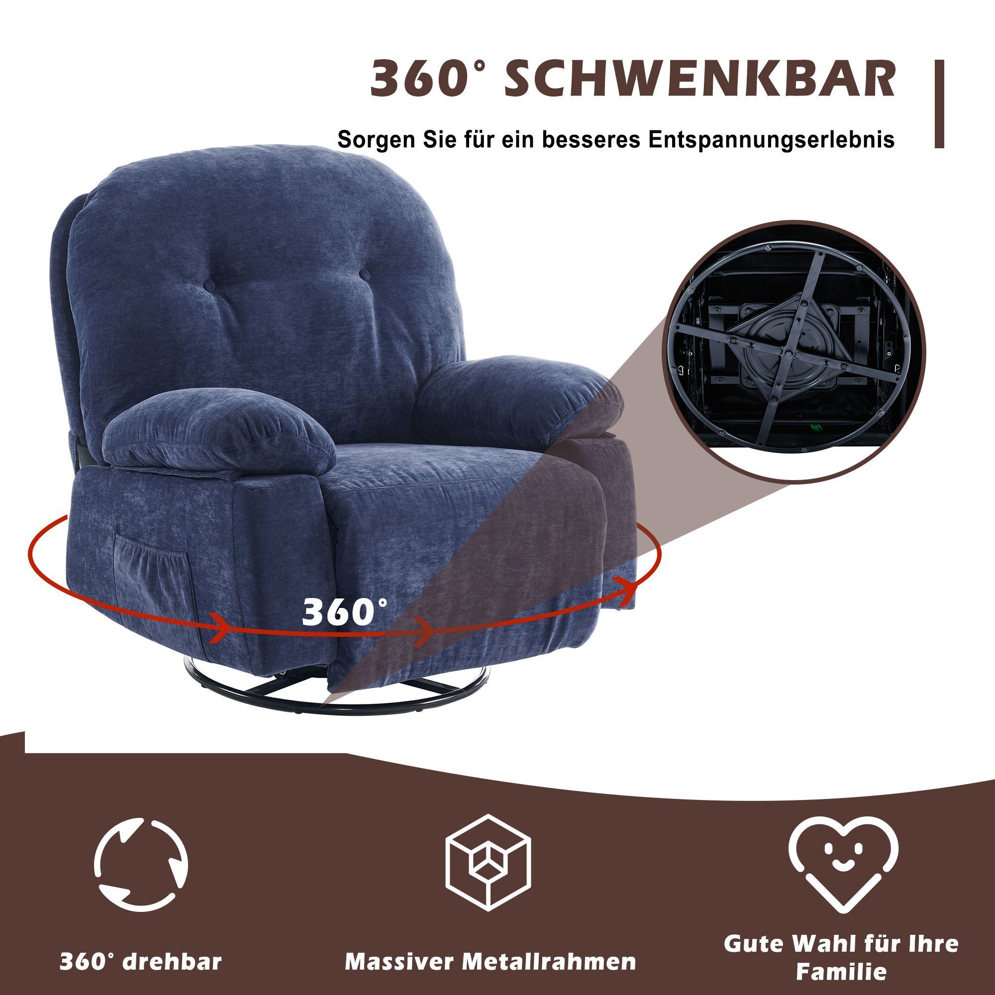 OKWISH TV-Sessel Relaxsessel mit Heimkino-Loungesesse), Fernbedienung Blau mit Drehfunktion und Timer (Wohnzimmersessel, 360°