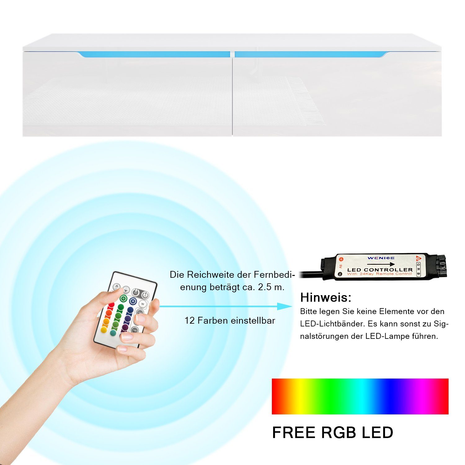 SONNI Lowboard TV Schrank, Weiß, Lowboard, TV Board, Fernsehschrank, mit 12 Led Farben Beleuchtung, Hängend, Hochglanz, 140cm x 35cm x 30cm