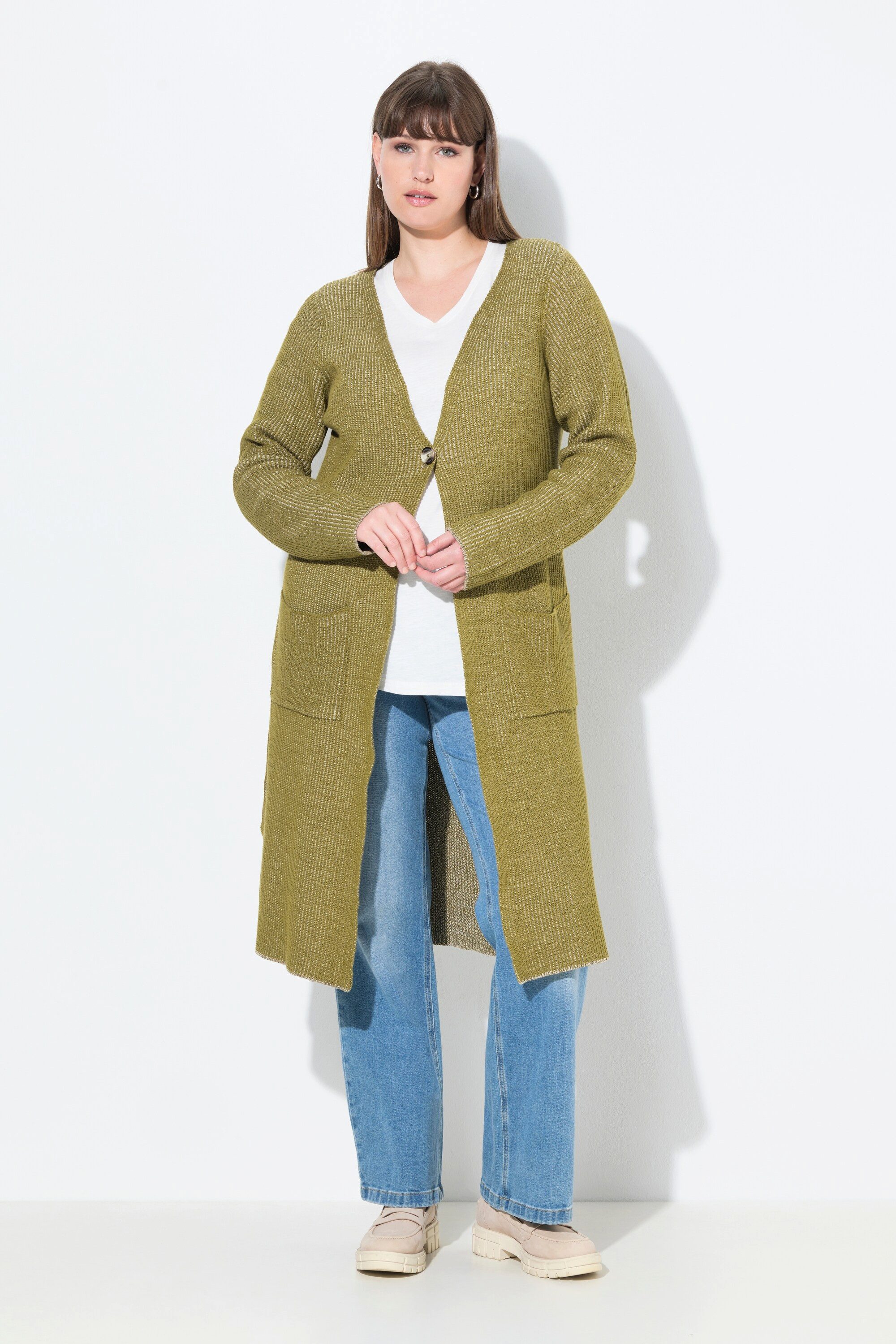 Ulla Popken Strickjacke Lang-Strickjacke Rippstrick V-Ausschnitt