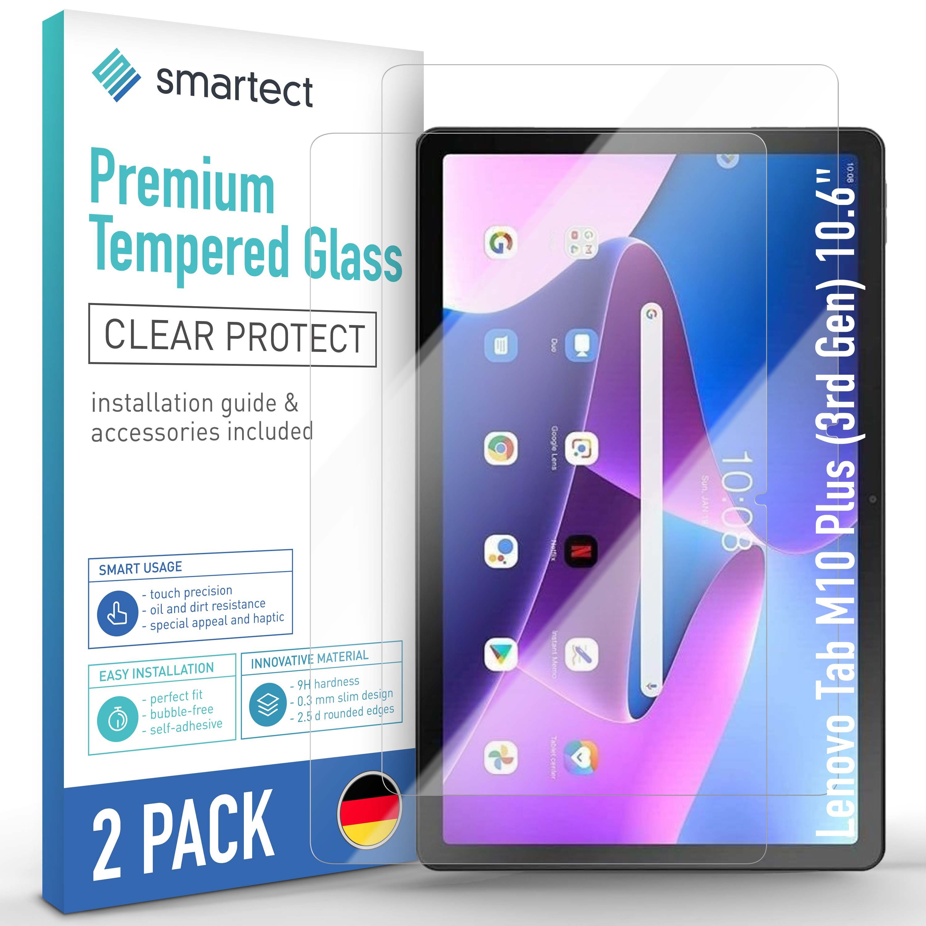 smartect Displayschutzglas 2X Schutzglas Panzerfolie Klar für Lenovo Tab M10 Plus (3rd Gen) 10.6" für Lenovo Tab M10 Plus (3rd Gen) 10.6", Set, 2 Stück, 0.3 mm Ultra-klar, 9H Härte, Kratzfest, Stoßfest, Blasenfrei, Oleophob