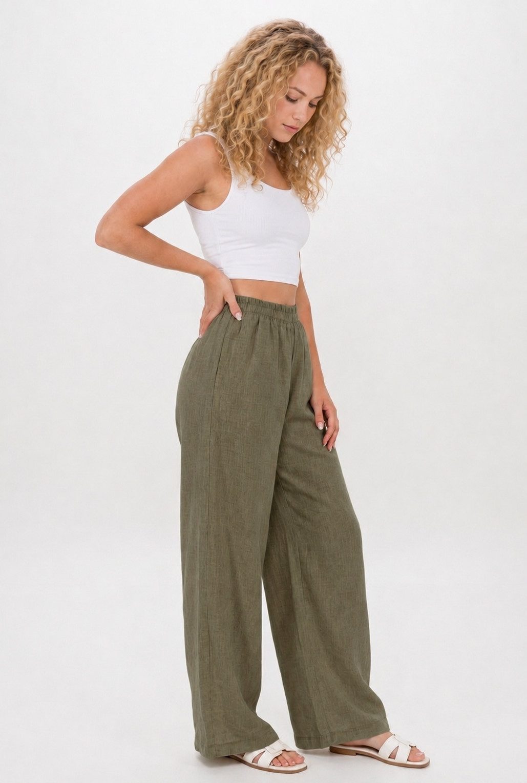 Kendindza Collection Leinenhose Sommerhose Damen leicht Locker weite Leinenhose Sommer Hose lang 100% Leinen, elastischer Gummibund, weites Bein Palazzo-Schnitt – Bild 3 von 4