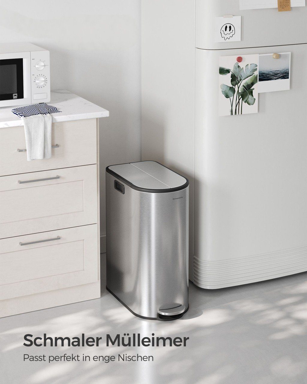 SONGMICS Mülleimer Küche, schmaler Treteimer für gelben Sack und Abfall, mit 2-teiligem Deckel, 2 Fächer, 30 L und 20 L