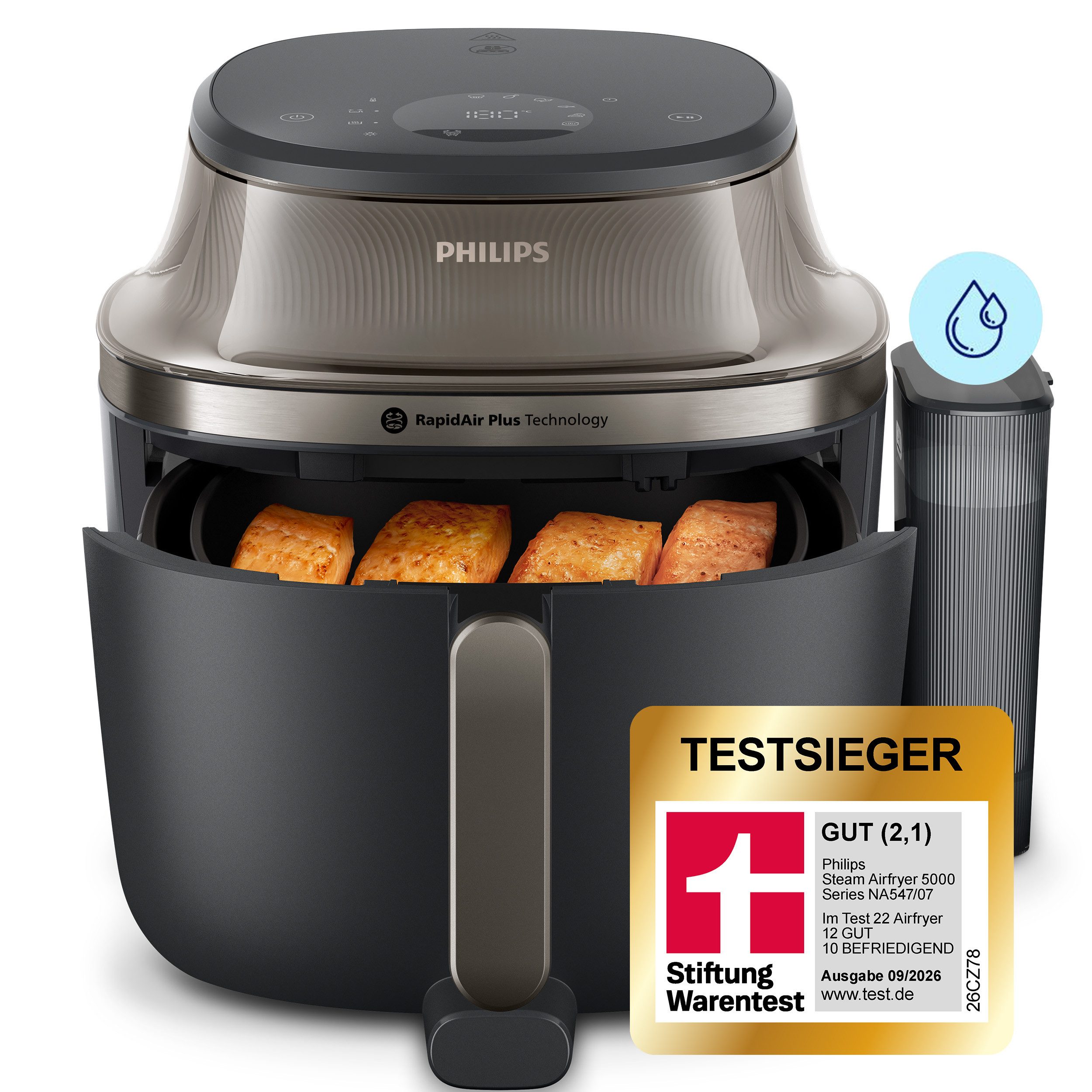 Philips Heißluftfritteuse NA547/07 Steam Airfryer 5000 Series mit EasySlide, 7,2L Kapazität, 2000 W, mit Dampfgarfunktion u. RapidAir Plus Technologie, Schwarz/ – Bild 2 von 5