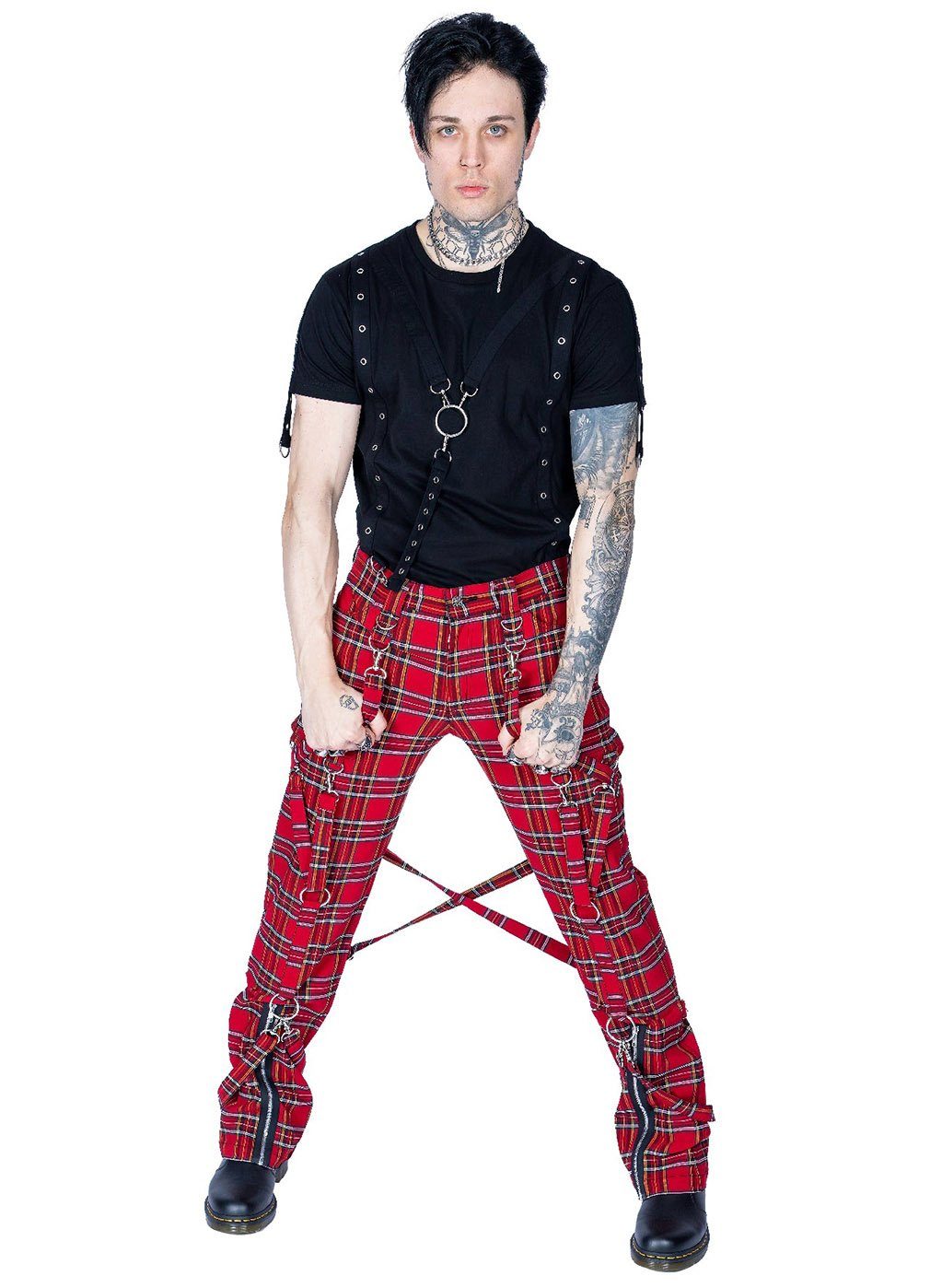 Heartless Stoffhose Midas Tartan Rot Kariert Punk Karo Riemen