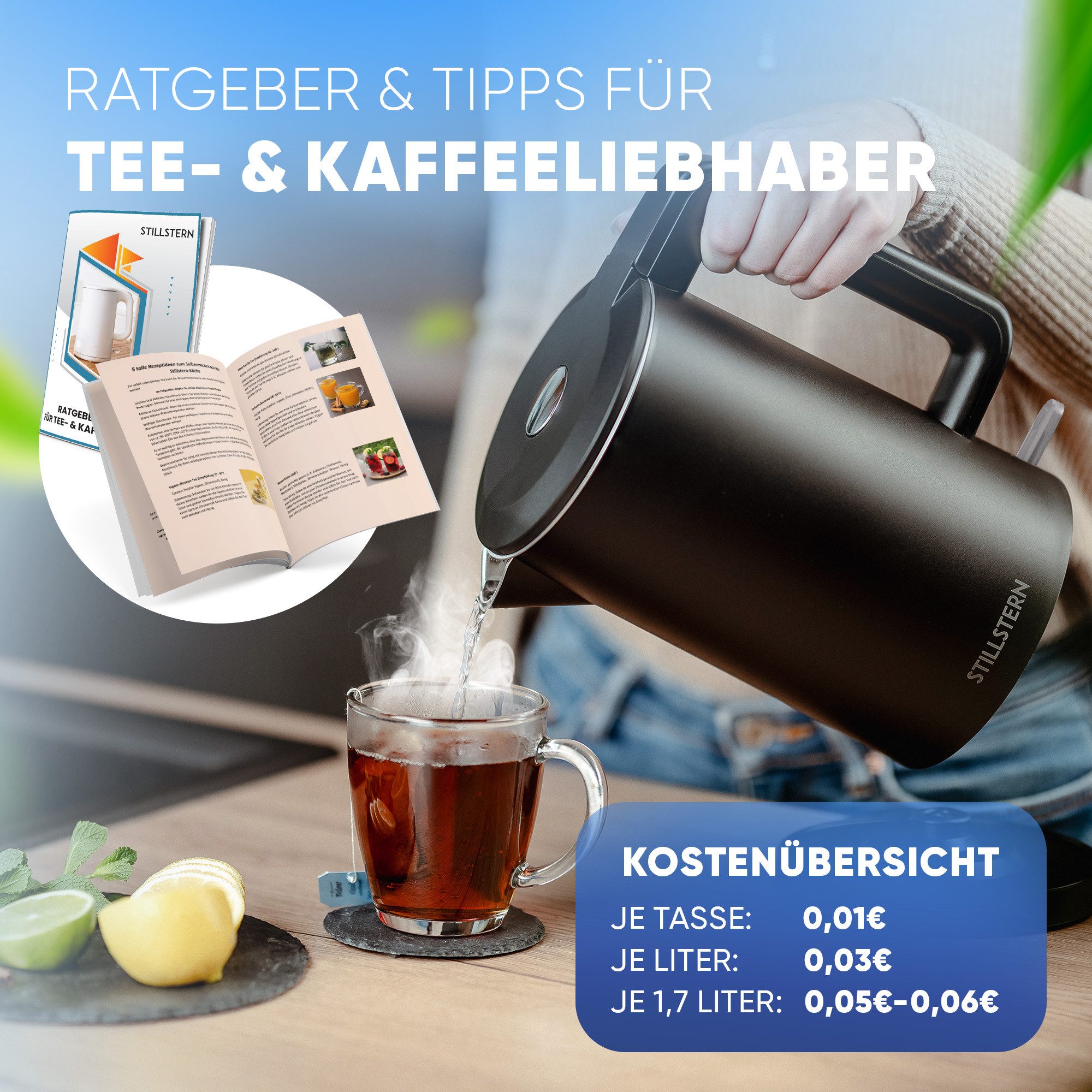 Stillstern Wasserkocher Wasserkocher 1,7L, schnelles Aufkochen, doppelwandig, 1.7 l, 2200 W, Anti Fingerprint, 2200W, Leise