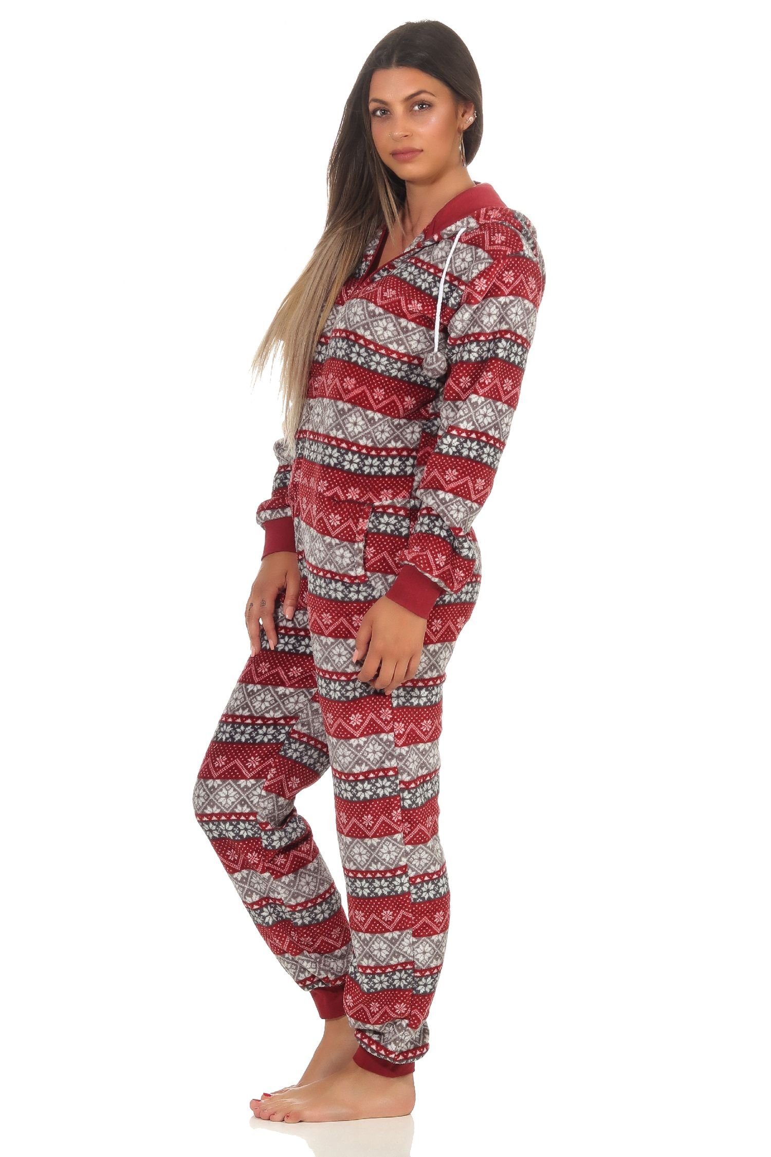 Pyjama Damen Jumpsuit Overall Schlafanzug Norweger-Look, Overall mit Kapuze