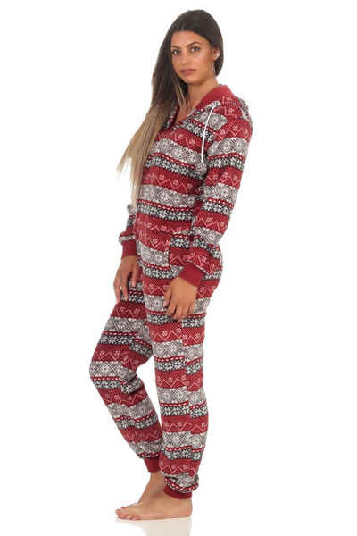 Normann Pyjama Damen Jumpsuit Overall Schlafanzug Norweger-Look, Overall mit Kapuze