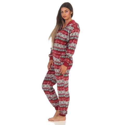 Normann Pyjama Damen Jumpsuit Overall Schlafanzug Norweger-Look, Overall mit Kapuze
