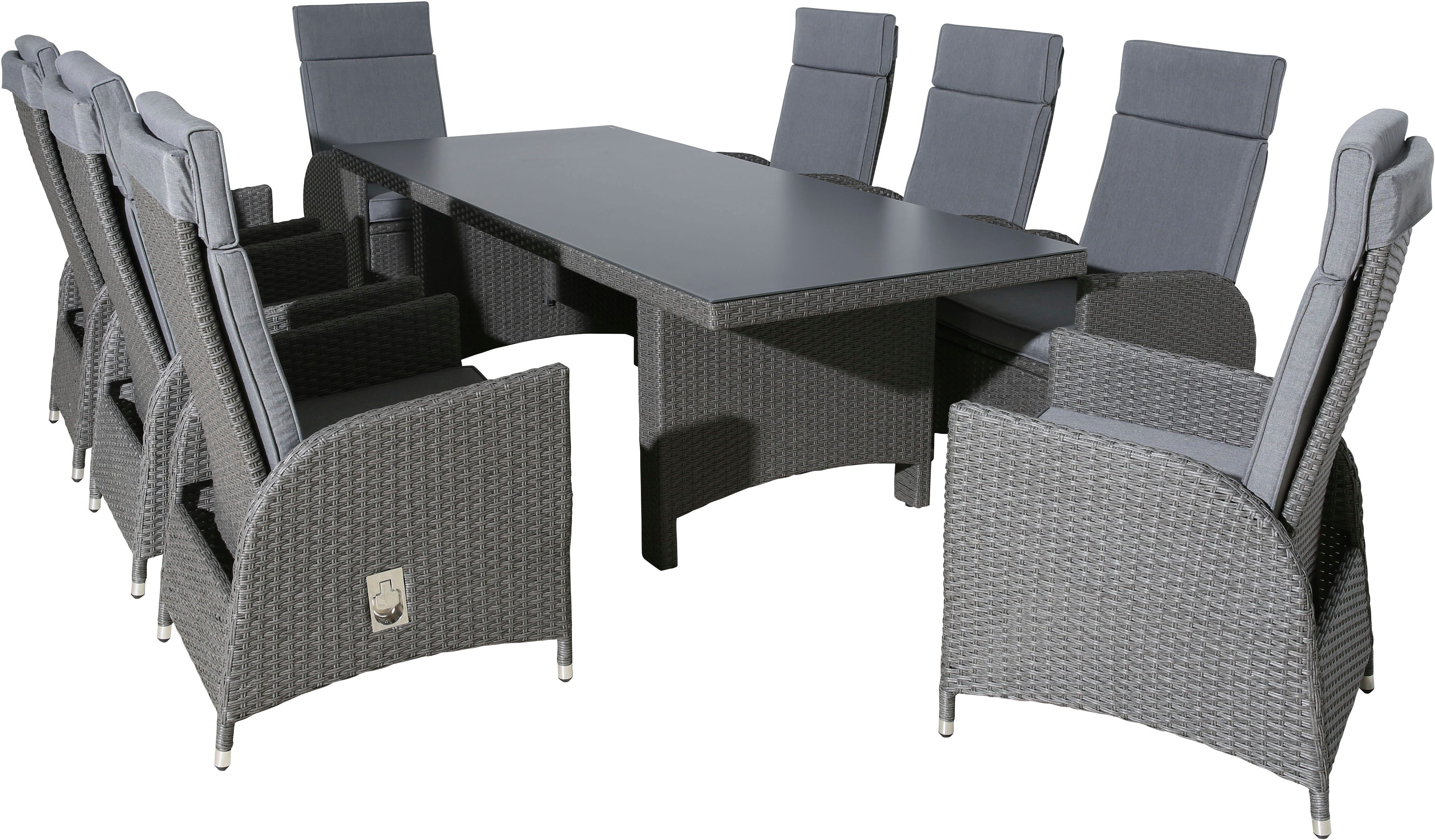KONIFERA Garten-Essgruppe »Newcastle«, (Set, 17-tlg., 8 Sessel, Rückenlehne verstellbar, Tisch 100x230x75 cm, inkl. Auflagen), Aluminium/Polyrattan