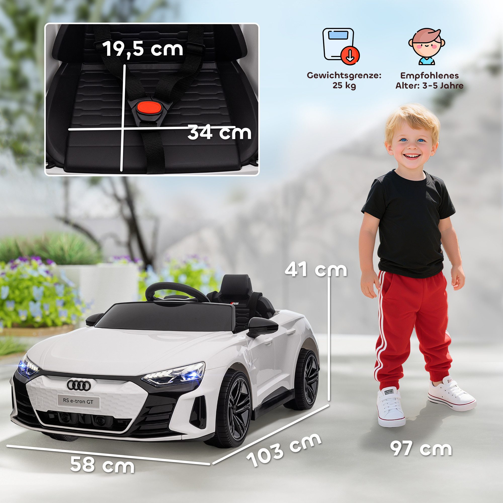 HOMCOM Elektro-Kinderauto mit Fernbedienung, Kinderfahrzeug mit Sicherheitsgurt, Belastbarkeit 25 kg, (1-tlg), für Garten, Balkon, Weiß