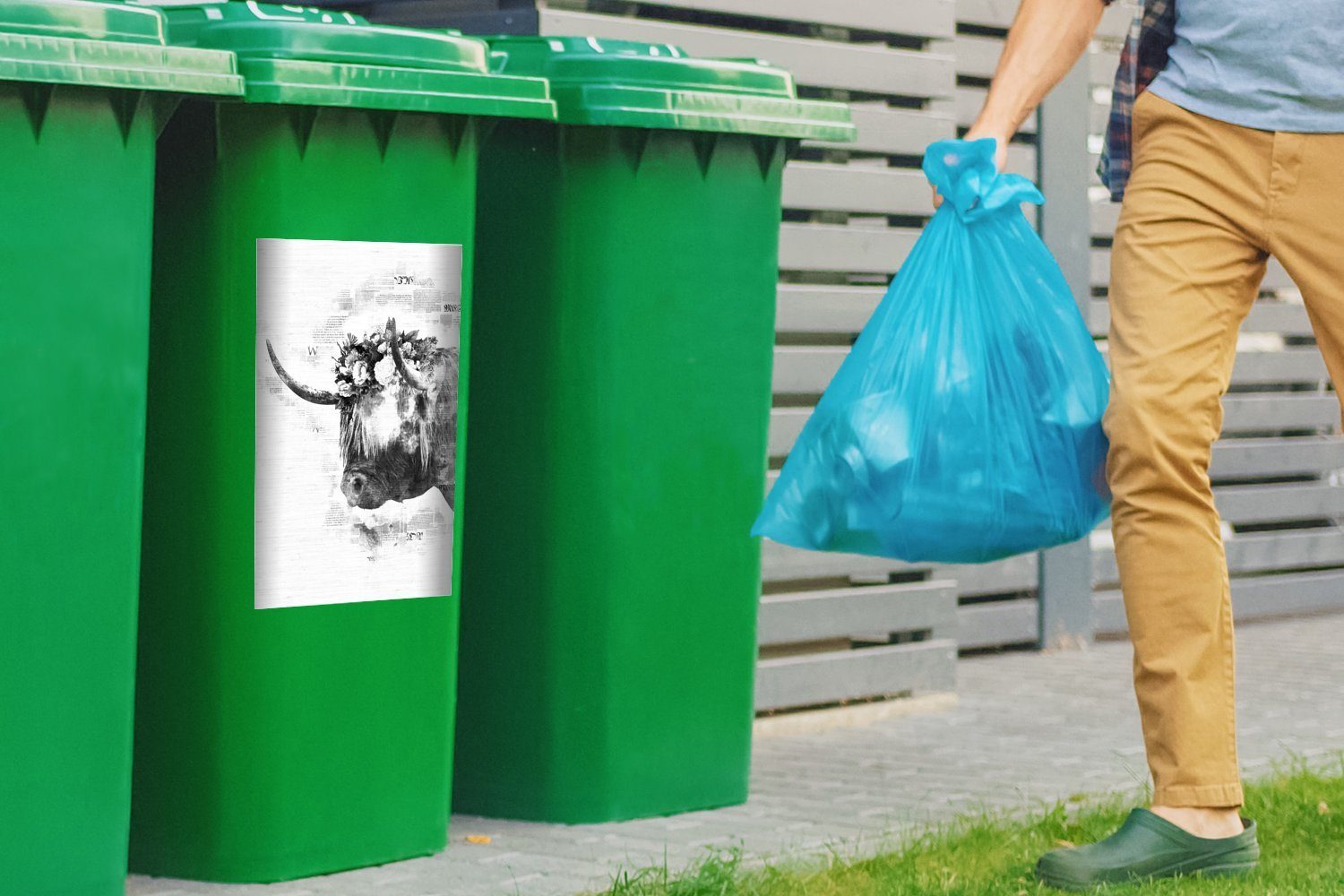 Mülleimer-aufkleber, Wandsticker und auf Schottischer Zeitungshintergrund MuchoWow Highlander (1 schwarz Abfalbehälter einem Container, Sticker, - Mülltonne, St),