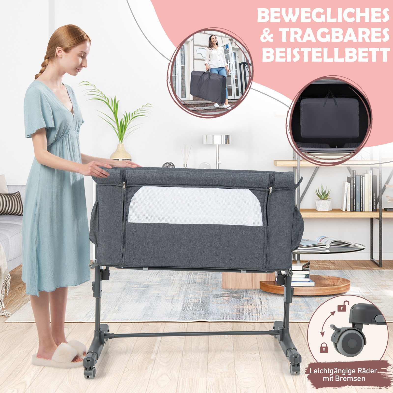 TotRun 3in1 Babybett Mit Schaukel-Funktion - Klappbares Reisebett Mit 6-fach Höhenverstellung