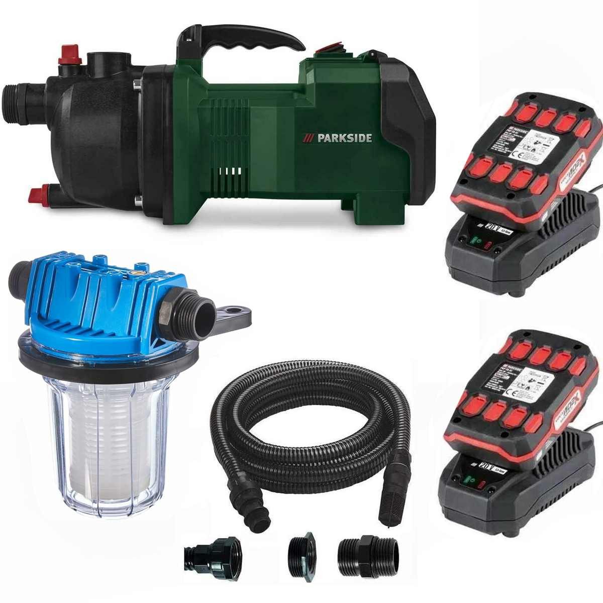 Parkside Akku-Gartenpumpe 40V Akku-Gartenpumpe PGPA 40-Li + 2x Akku 2 Ah + Saugschlauch, Filter