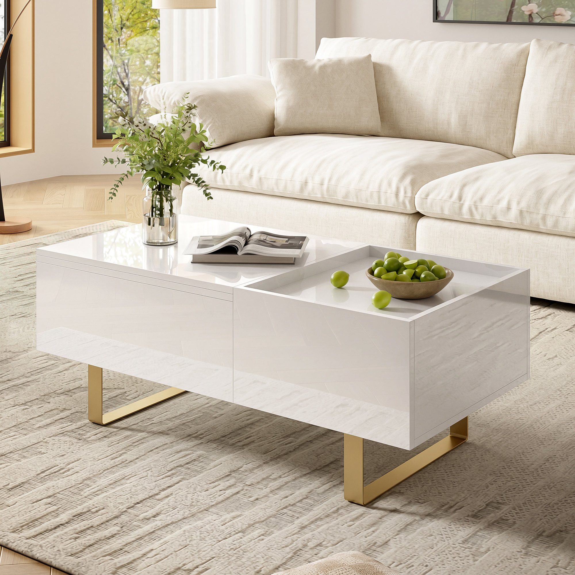 Odikalo Couchtisch Beistelltisch Sofatisch Höhenverstellbarer mit Schublade (100Lx50Bx54,5H(cm)Wohnzimmertisch Kaffeetisch mit Eisenfüßen Hochglanzoberfläche MDF)