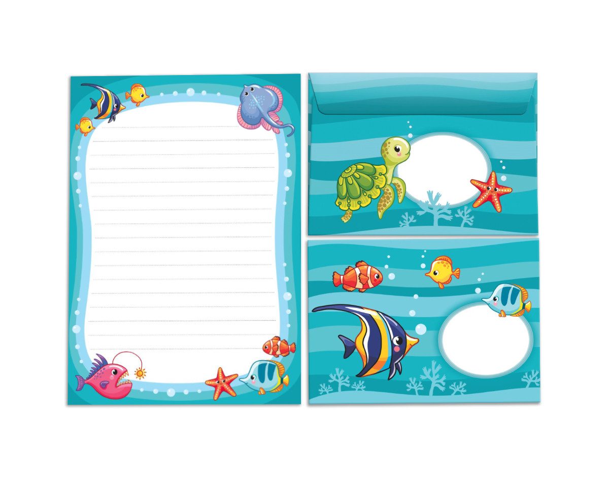 JUNAPACK Briefpapier Set Kinder Briefblock A5 mit Umschlägen Notizblock Papier Fische, Kinder-Briefpapier A5 mit 15 Umschlägen, liniert & leicht beschreibbar