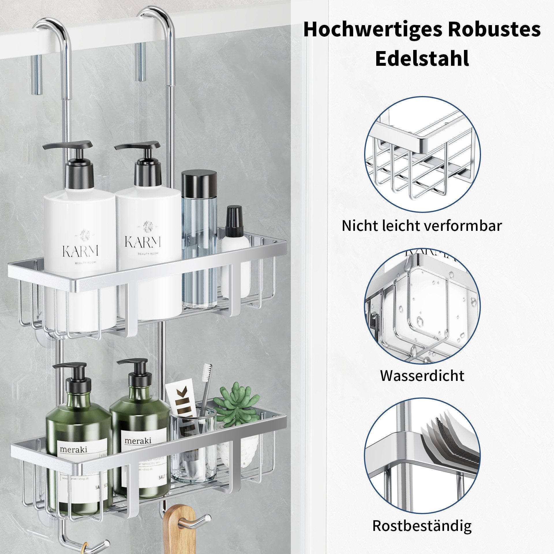niffgaff Duschablage Wandregal Badregal zum Hängen ohne Bohren für Glastür, 1-tlg., Edelstahl Silber, als Halterung für Shampoo & Duschgel – Bild 5 von 5