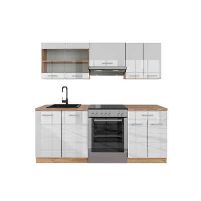 Livinity® Küchenzeile R-Line, Weiß Hochglanz/Goldkraft Eiche, 200 cm, AP Marmor