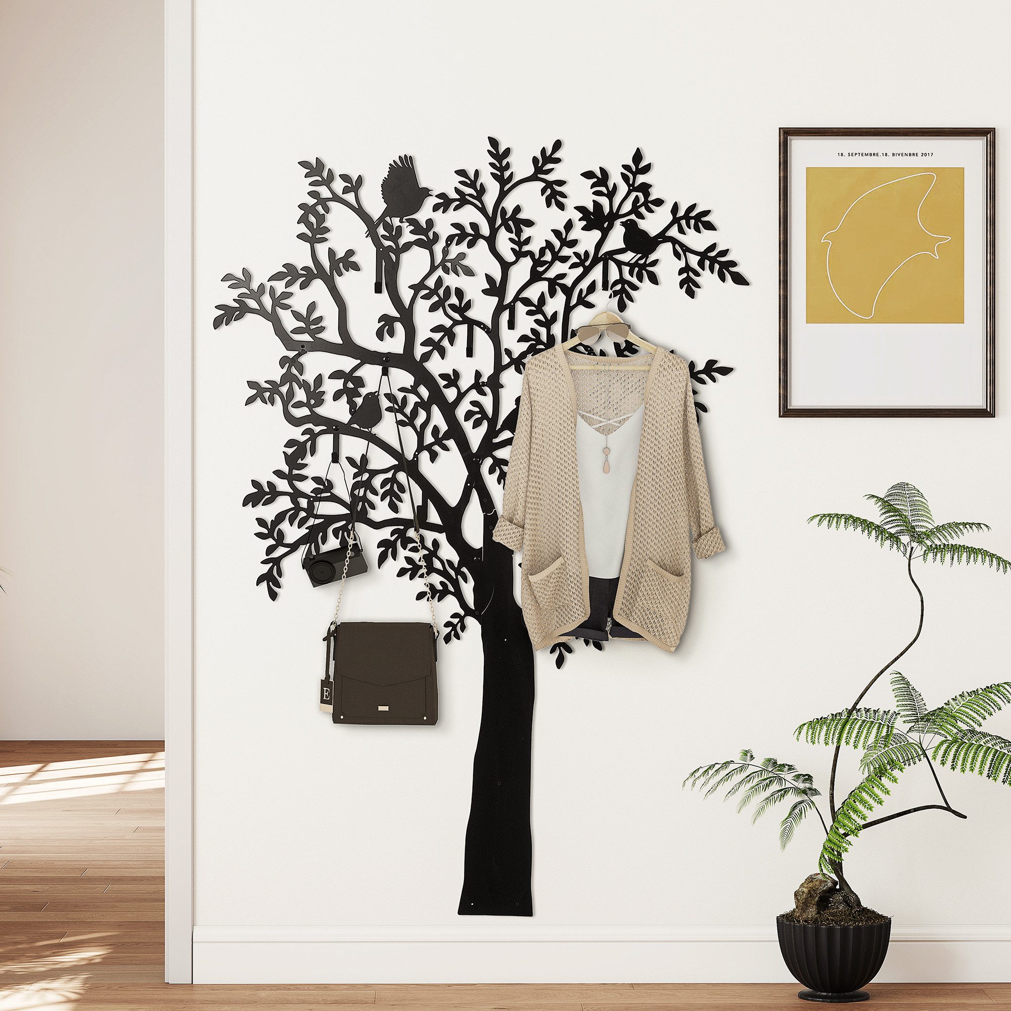 HOMCOM Garderobenleiste Garderobenständer Kleiderständer mit 8 Haken 4 Vögeln-Muster (Wandgarderobenhaken für Flur, Wohnzimmer, Schlafzimmer, 1 St., 120 x 5 x 175 cm), Schwarz
