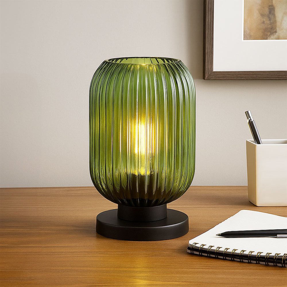 GLOBO LIGHTING Schreibtischlampe, Leuchtmittel inklusive, Warmweiß, LED Tischleuchte Nachttischlampe Metall schwarz Glas grün H 24 cm