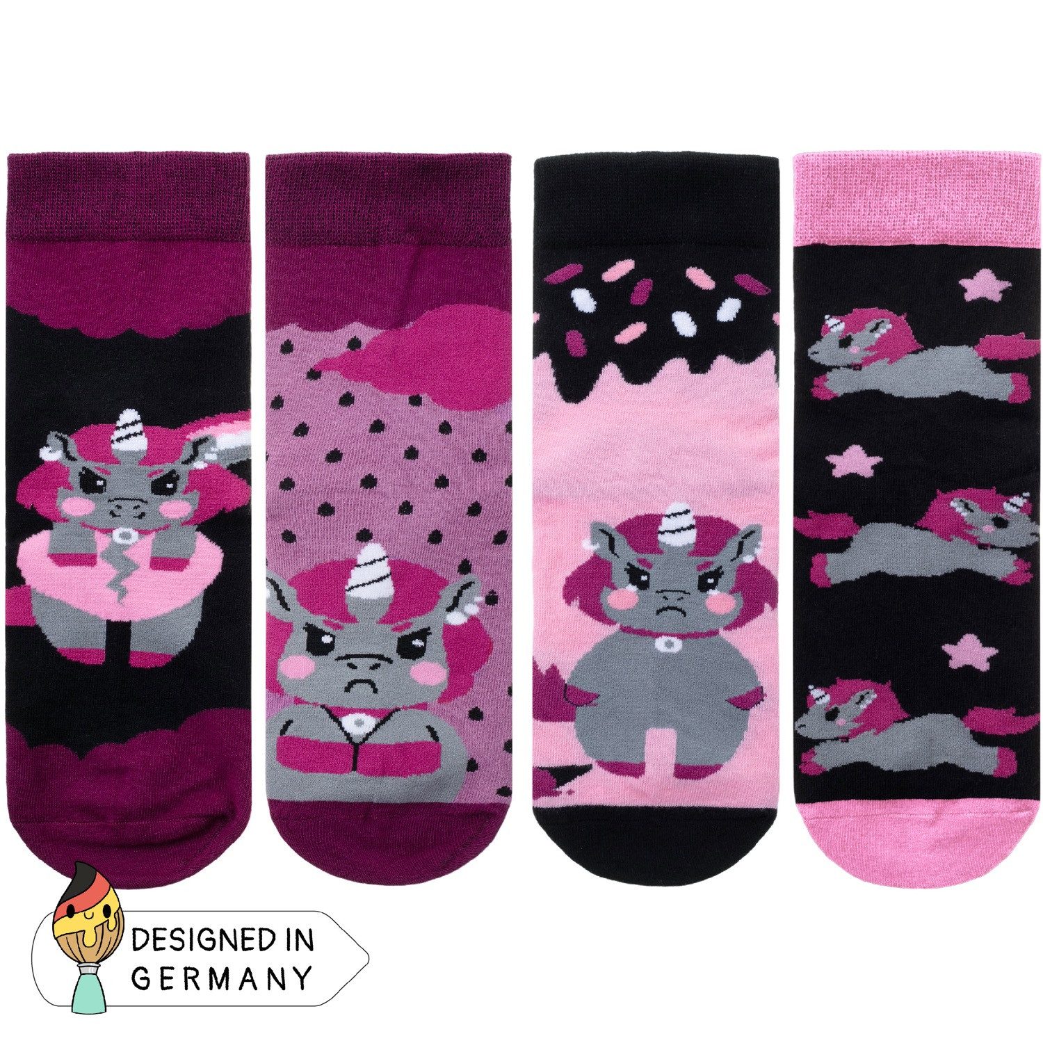 Corimori Haussocken Witzige Einhorn Baumwolle Socken 4er Set Geschenk-Box Unicorn Anime (Packung, 4-Paar, Geschenk) Einheitsgröße 36-44, Kawaii Strümpfe, plastikfreie Geschenkverpackung