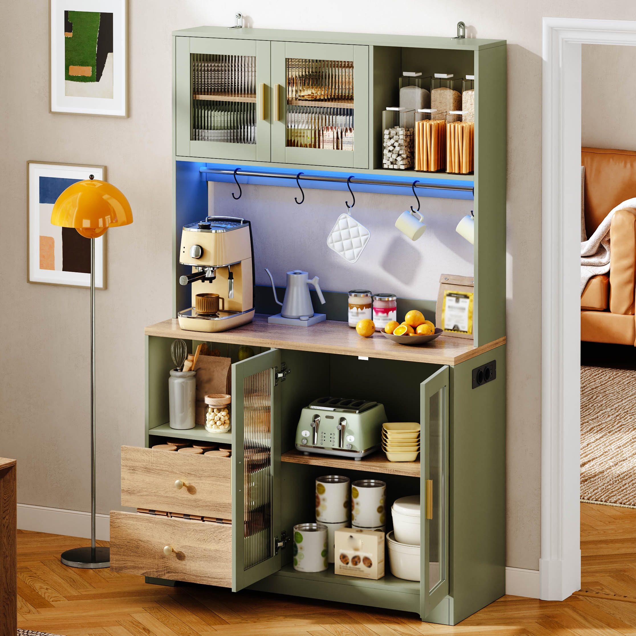 BlingBin Hochschrank Küchenschrank Küchenbuffet Buffetschrank Sideboard mit LED (2 Packung, 1-St., Küchenregal mit Steckdose, Vitrine mit Türen aus gehärtetem Glas) Weinregal, Grün mit Holzoptik verstärkter Arbeitsplatte